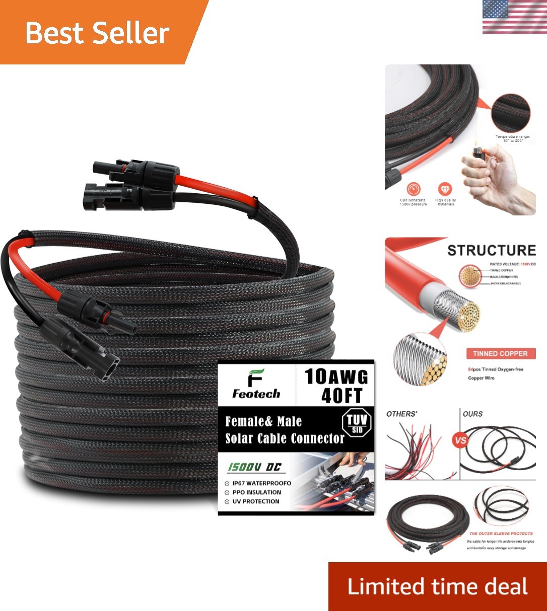 Twin Wire 40FT Solar Extension Cable – 10AWG 6mm² Solar Panel Connector, with…