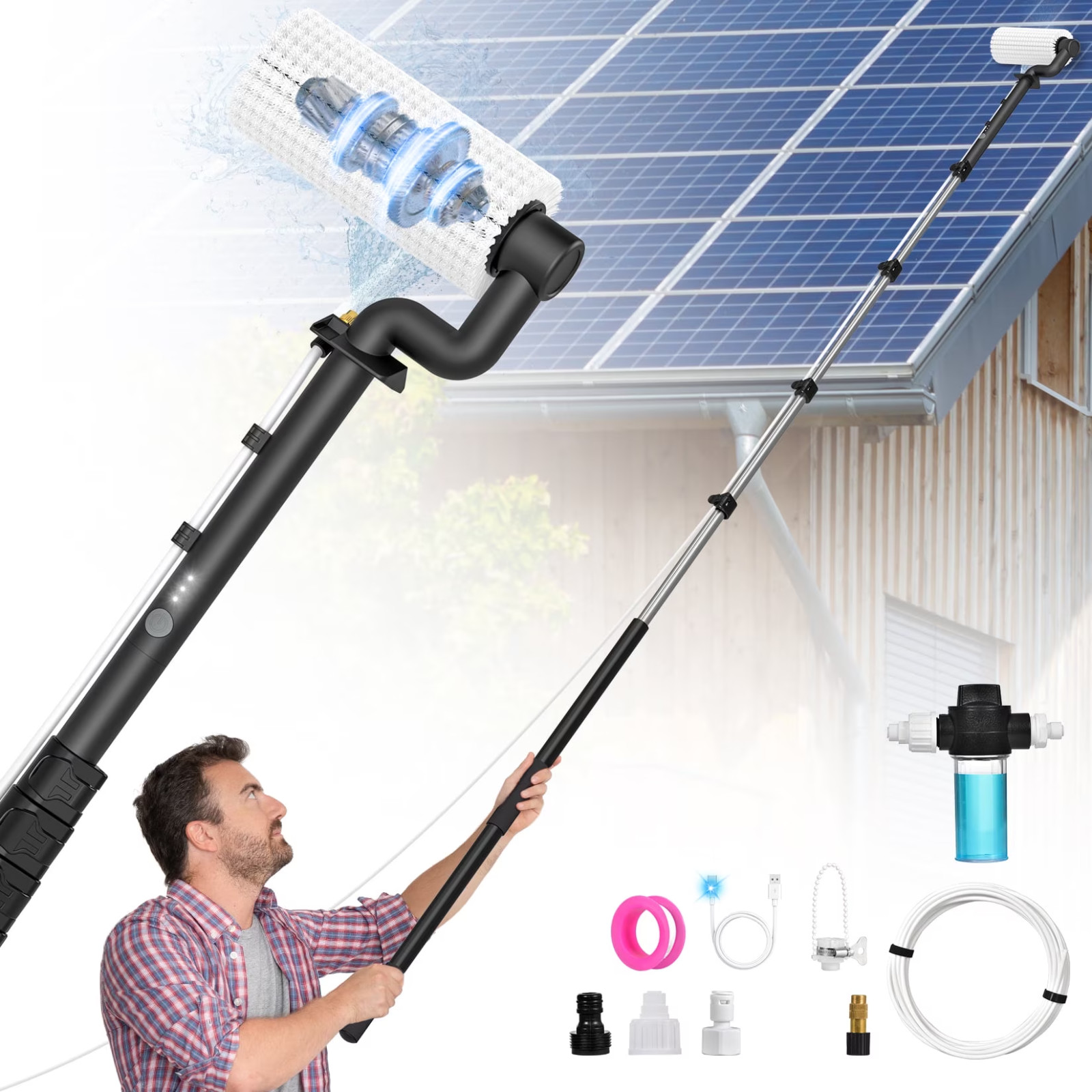 20ft Electric Solar Panel Cleaning Brush Kit Water Fed Pole 2 Speed Soap Dispens