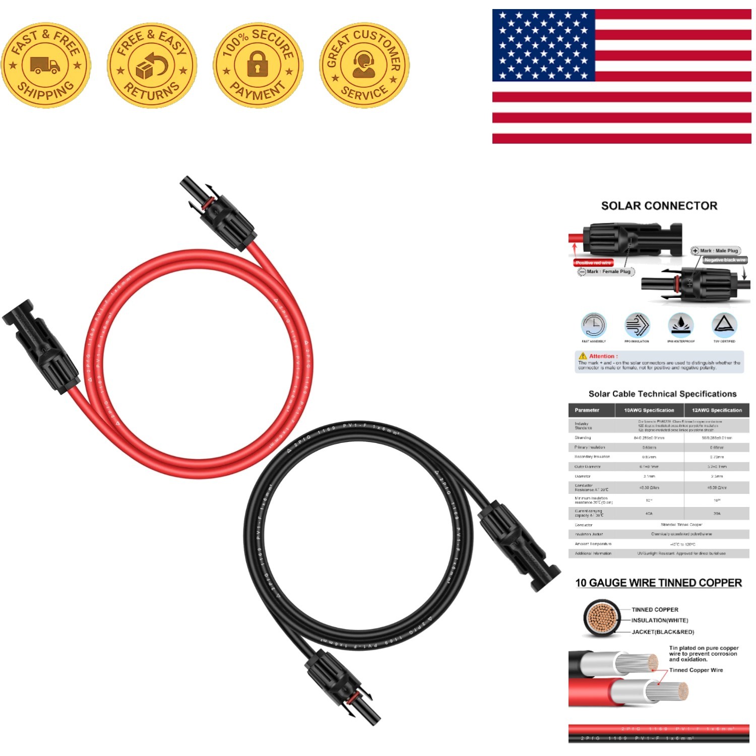 Copper Solar Extension Cable 10AWG 6ft – Male-Female Connectors, 10,000W Support