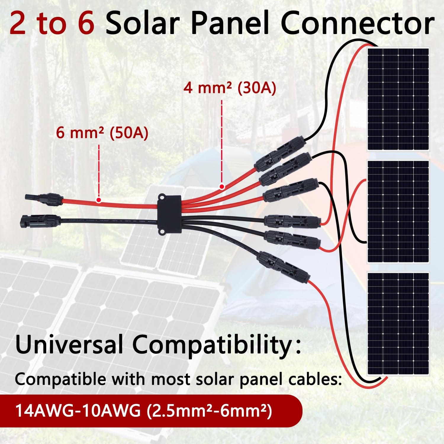 Solar Panel Connector 3 Way Y Branch MC4 Cable Splitter 2 to 6 AWG Waterproof