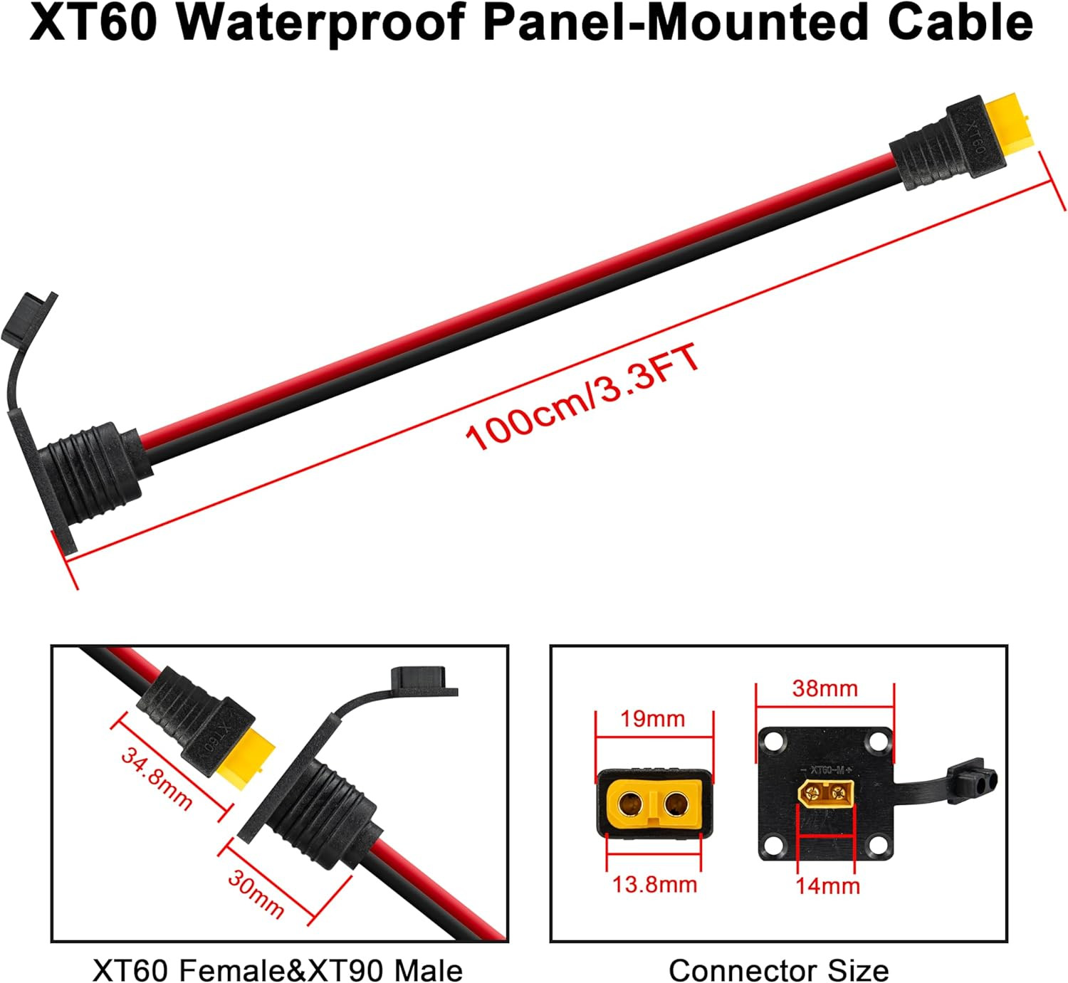 3FT 12AWG XT60 Male to Female Waterproof Panel Cable with Red Black Wires High C
