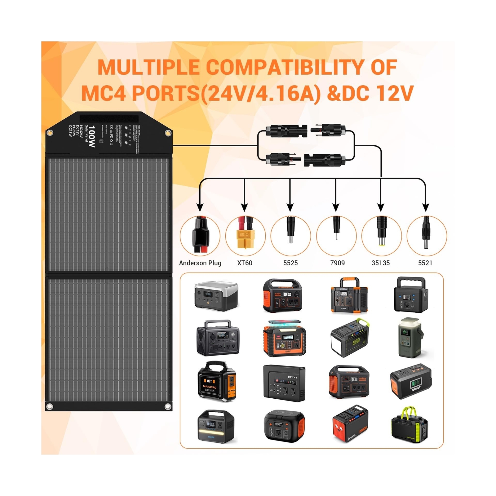 100W Portable Solar Panel, 5 Ports Solar Charger with 24V MC4 Port, DC(12V)/ …