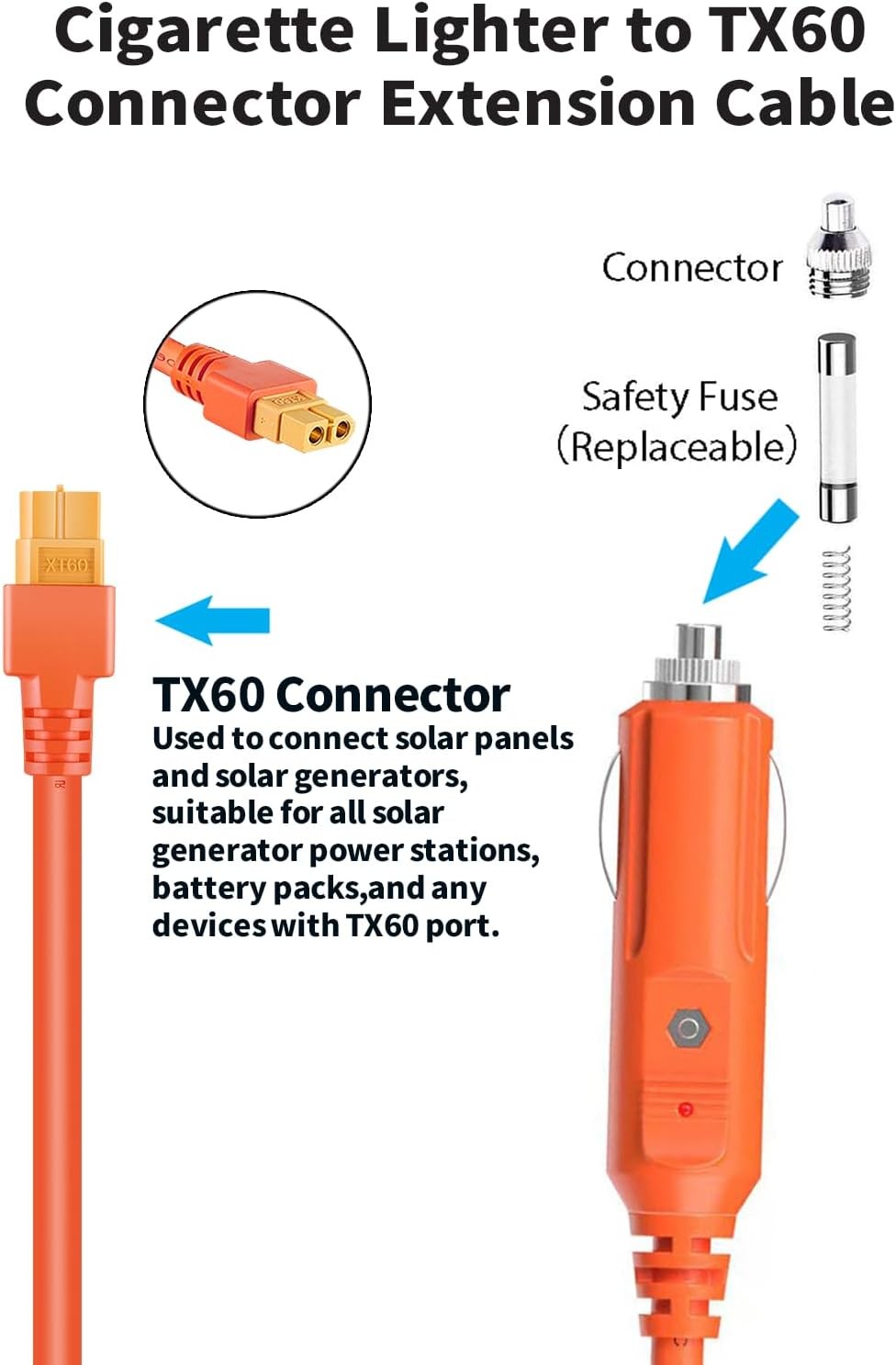 XT60 Connector Car Charger Extension Cable, 14AWG 2M/6.6Ft DC Car Charging Power