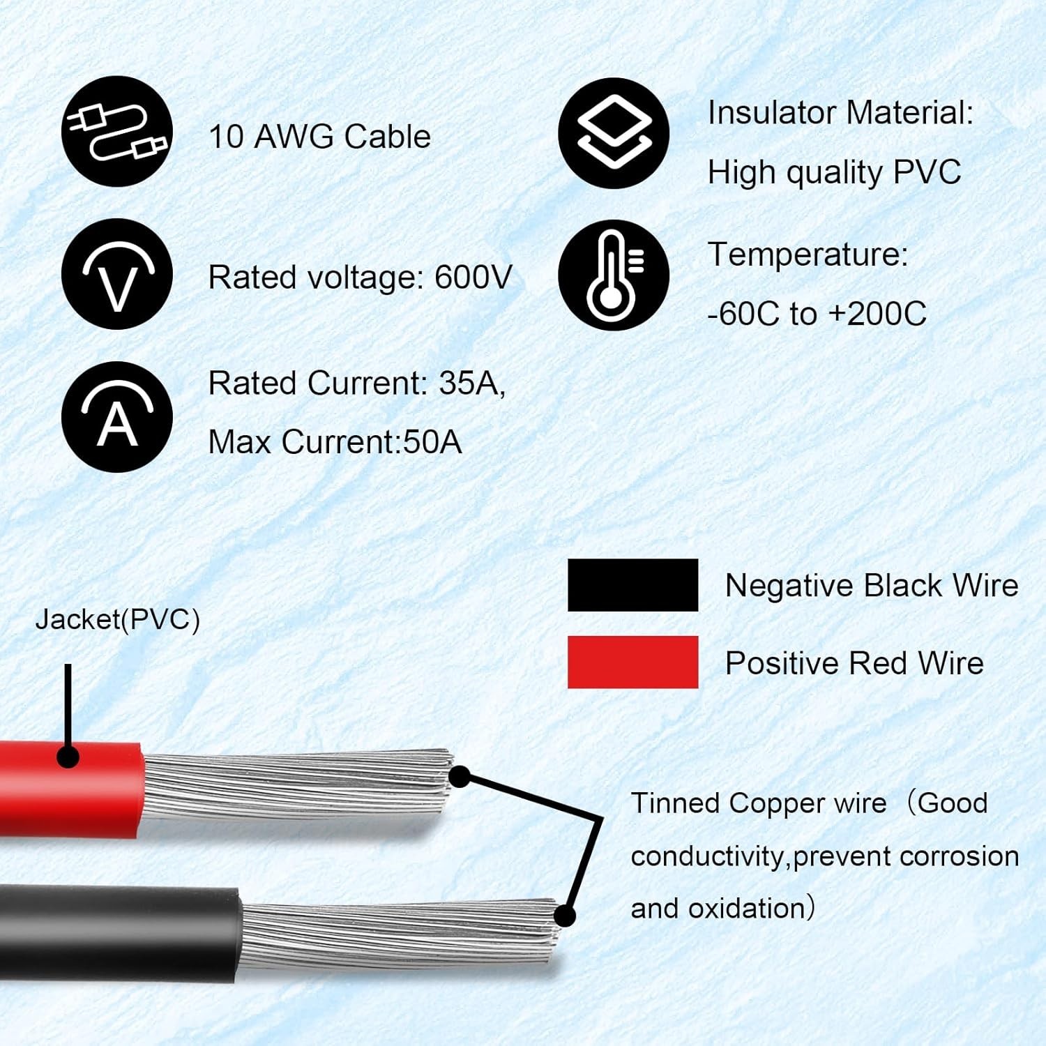 20ft 10AWG Solar Extension Cable SAE Compatible with Solar Panel Battery Charger