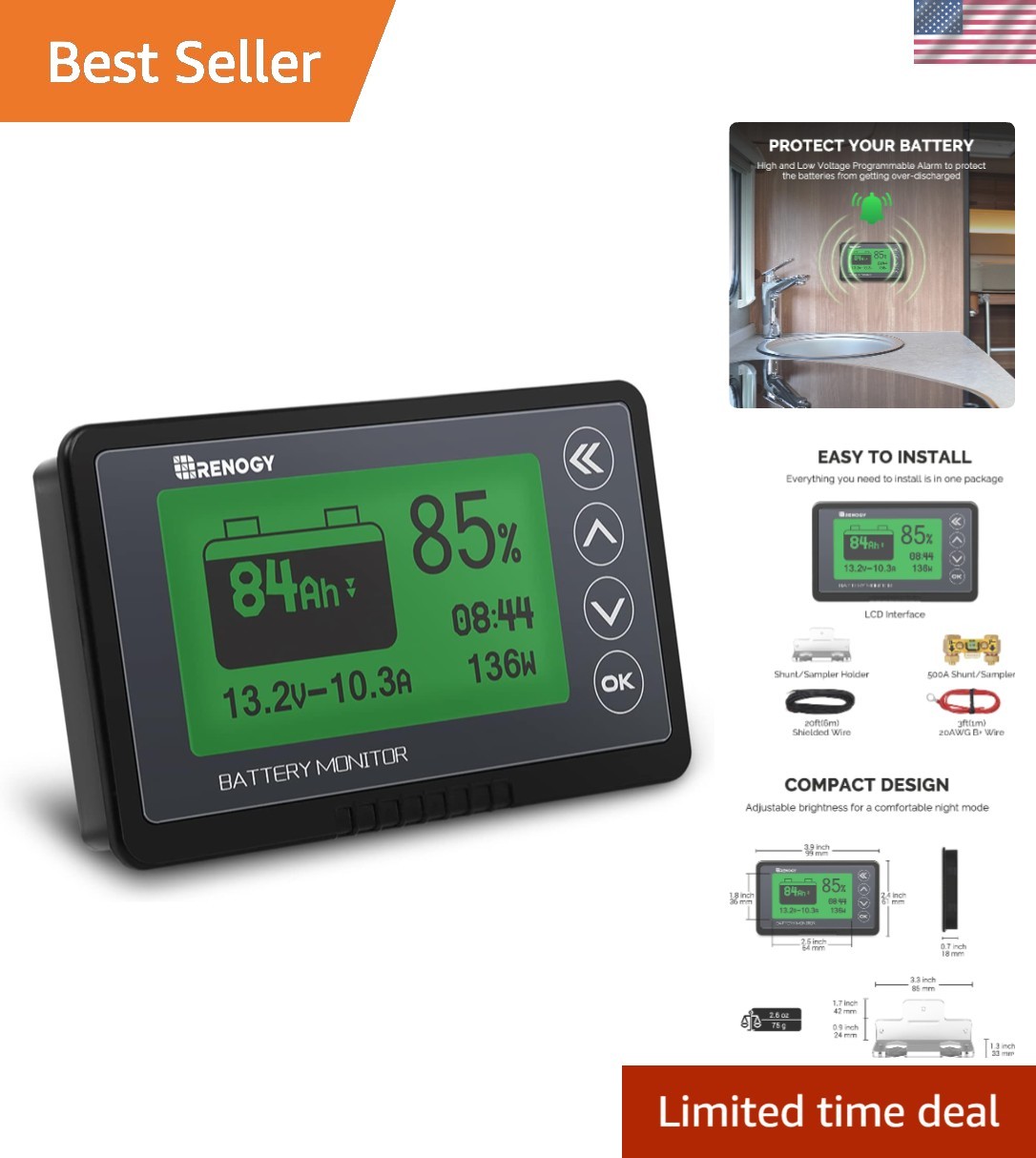 500A Battery Monitor with Shunt, High and Low Voltage Programmable Alarm, Ran…