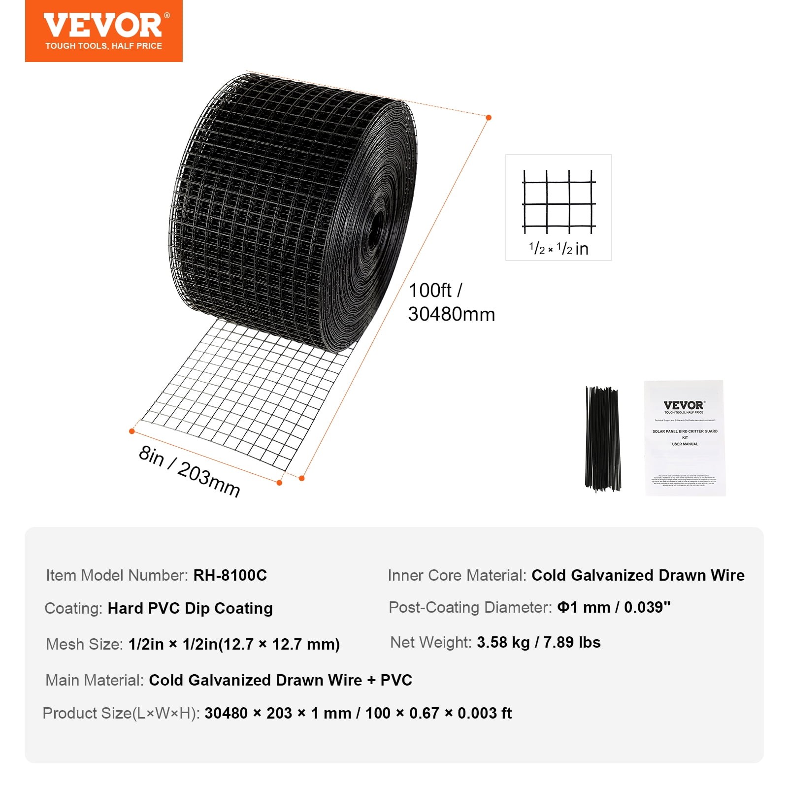 8in x100ft Solar Panel Bird Guard w/ 50 Pcs Tie Wires,Critter Guard Roll Kit PVC