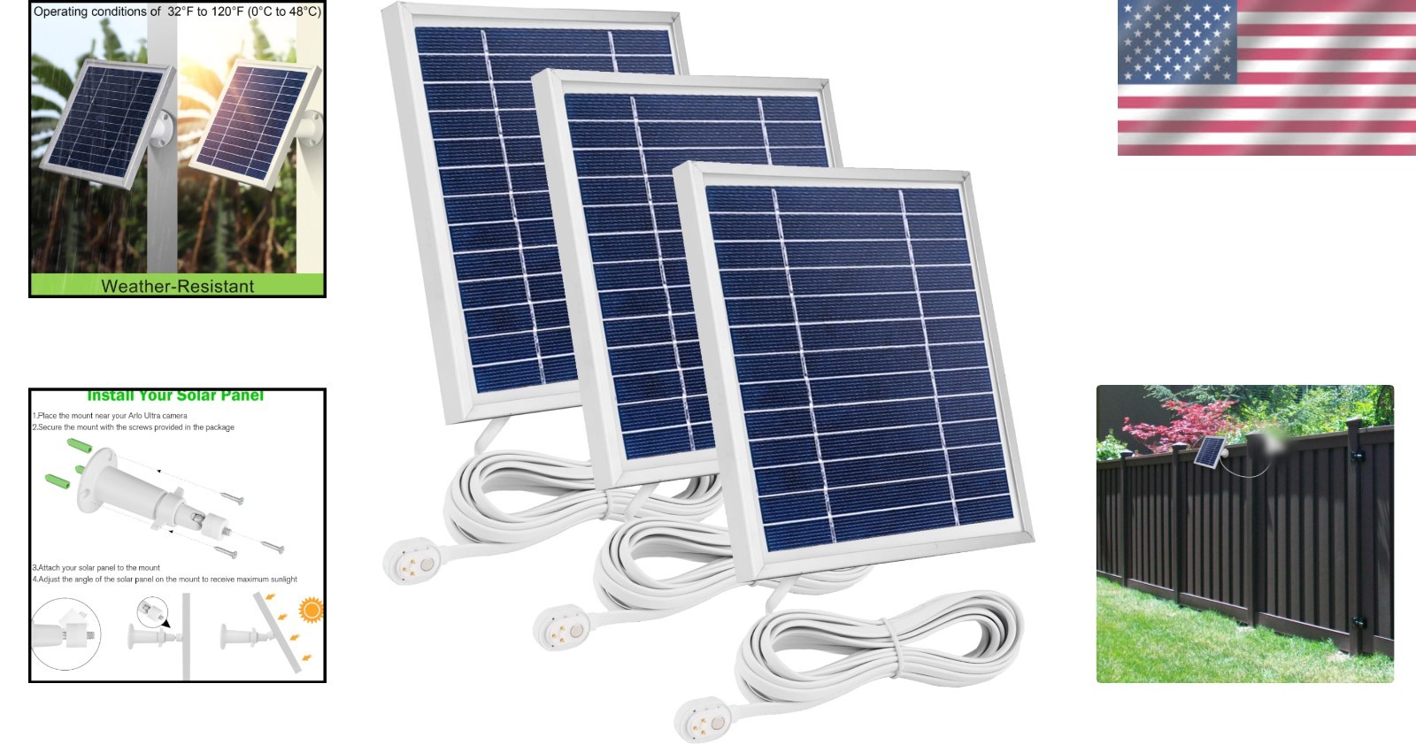 Durable 3 Pack Solar Panel Charger with 11.5ft Magnetic Cable for Arlo Pro 4/3