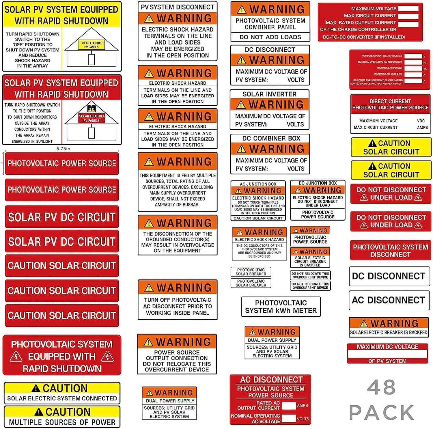 48 Pack PV Solar System Install Label Kit,Photovoltaic Safety Stickers,Nec 2020.