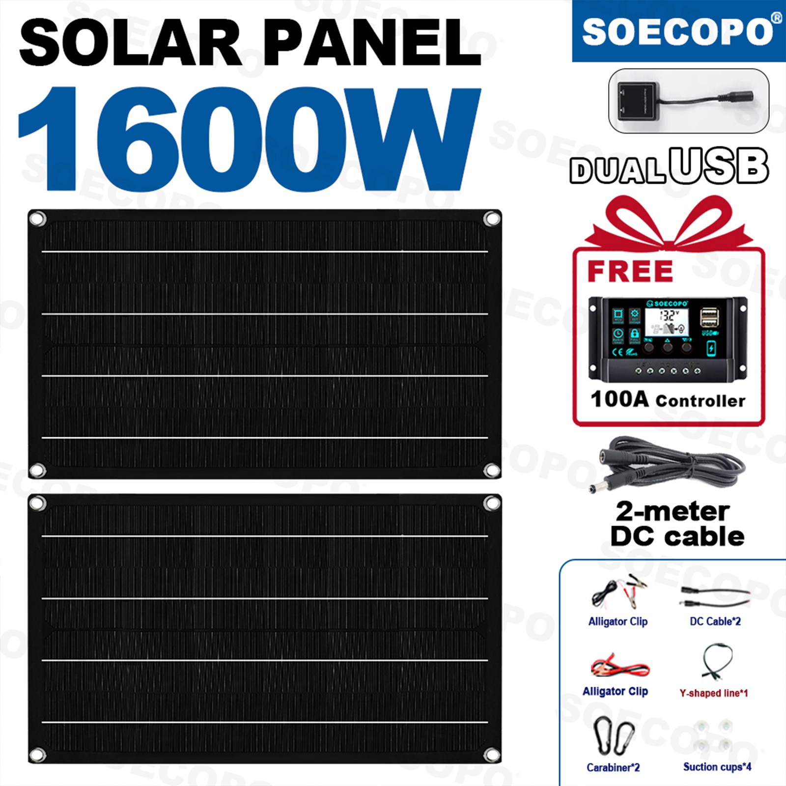1600W Solar Panel Kit-2x800W+100A Controller + Extension Cord Multi-Scene