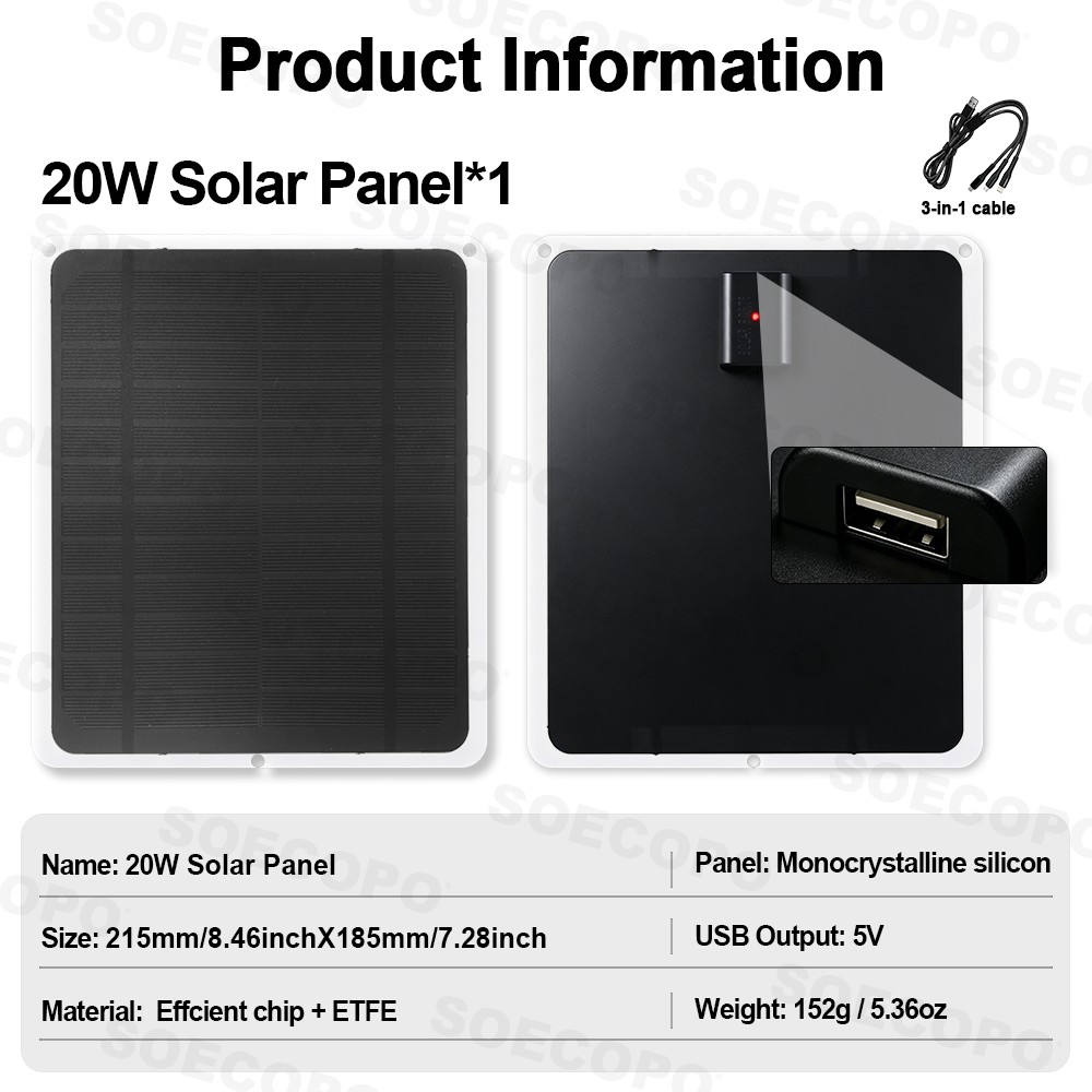 20W Flexible Solar Panel Charger Monocrystalline with USB Output Fast & Charger