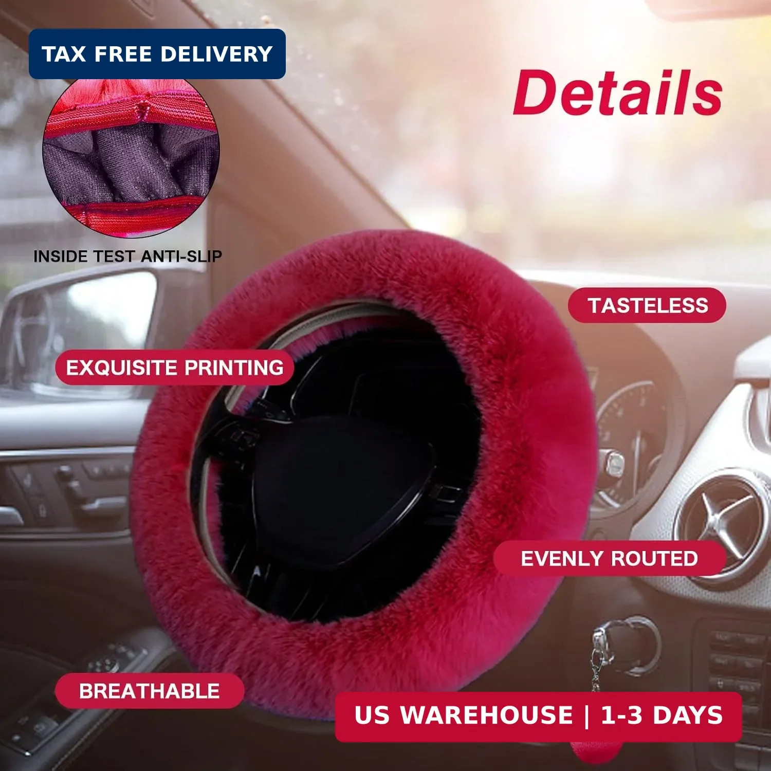 7PCS Set car Interior Aesthetic Accessories, Fluffy 15 inch Steering Wheel Cover