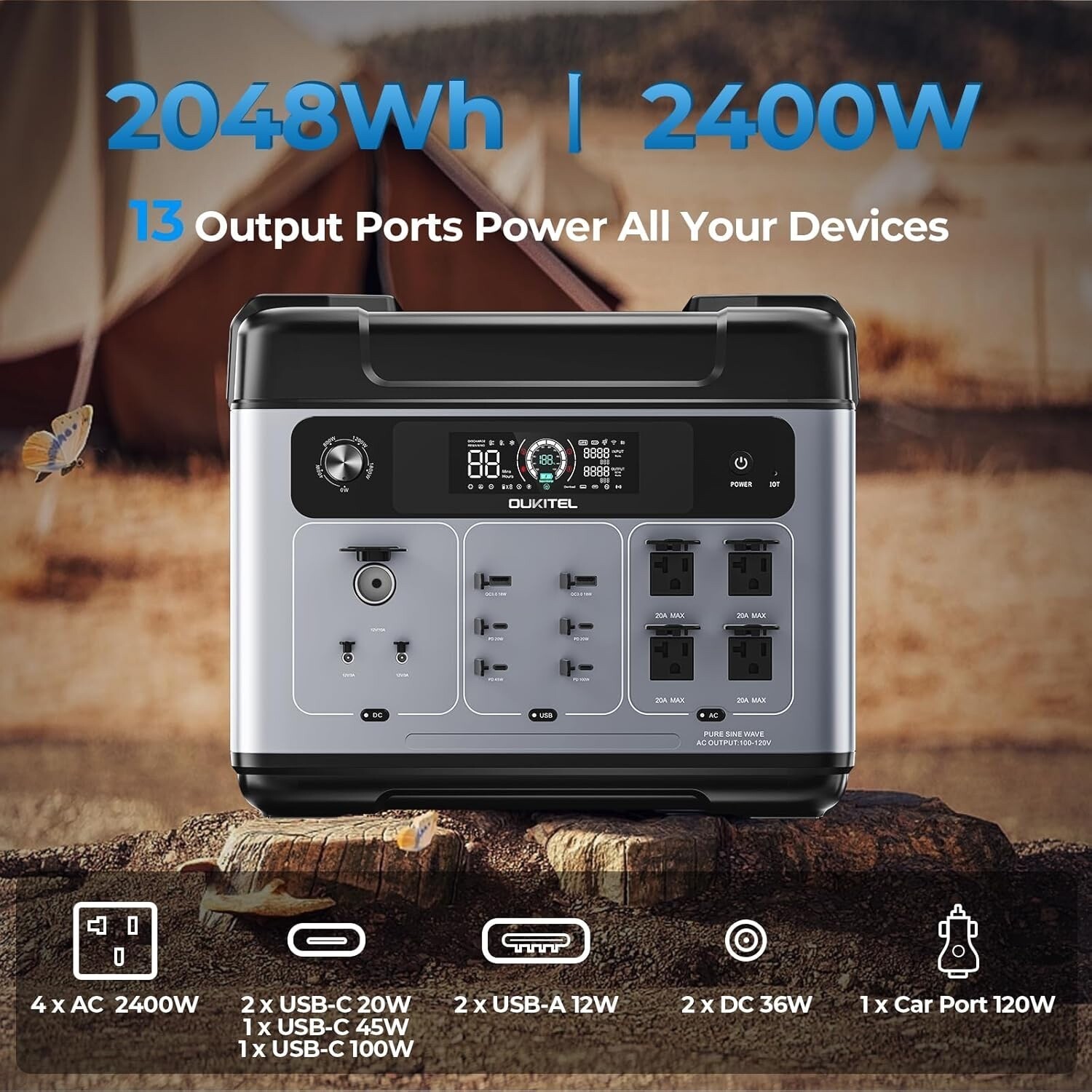 OUKITEL P2001 Plus Portable Power Station 2400W/2048Wh Solar Generator LFBattery