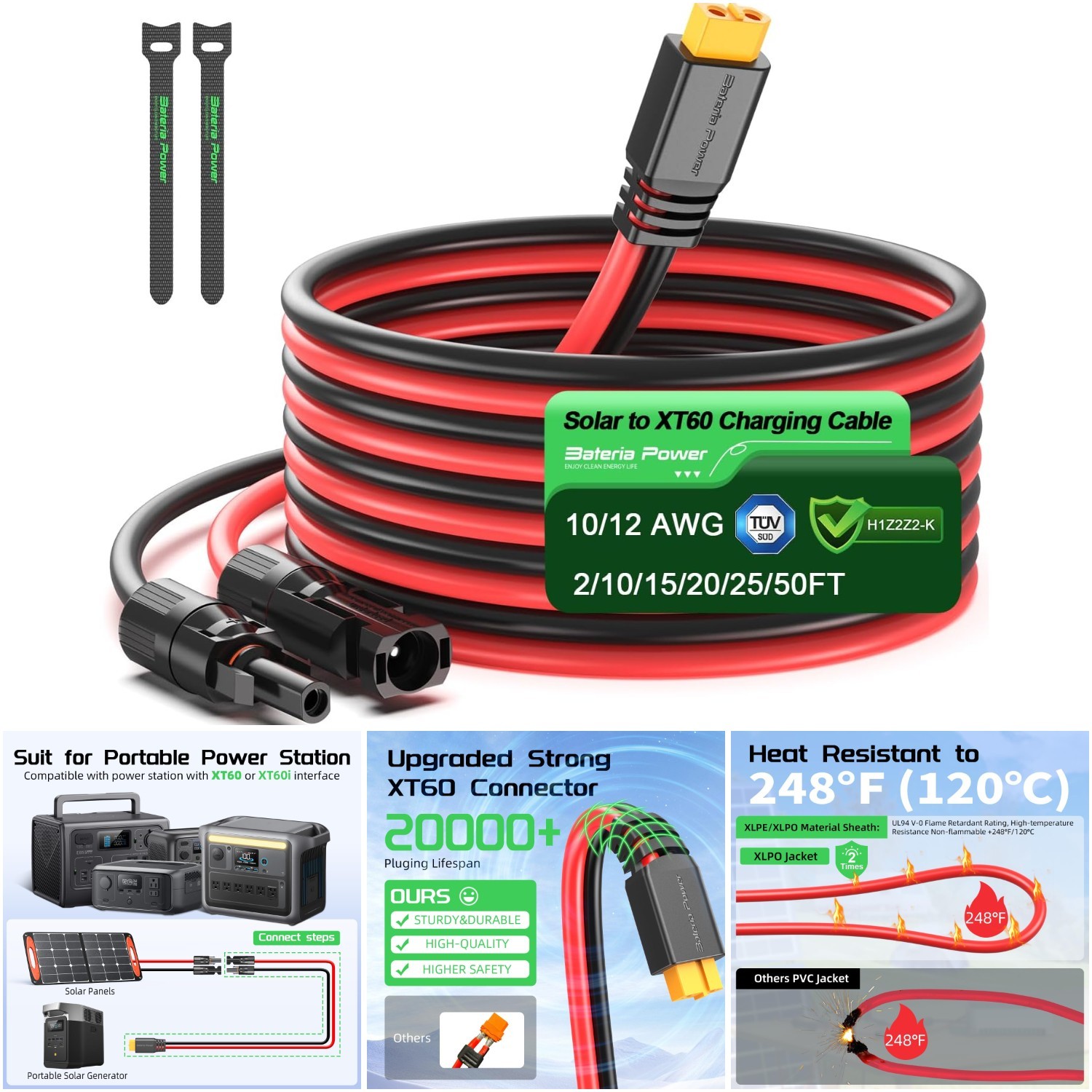 10 Feet Solar Panel Connector XT60 Charge Cable 12AWG Portable Power Station RV