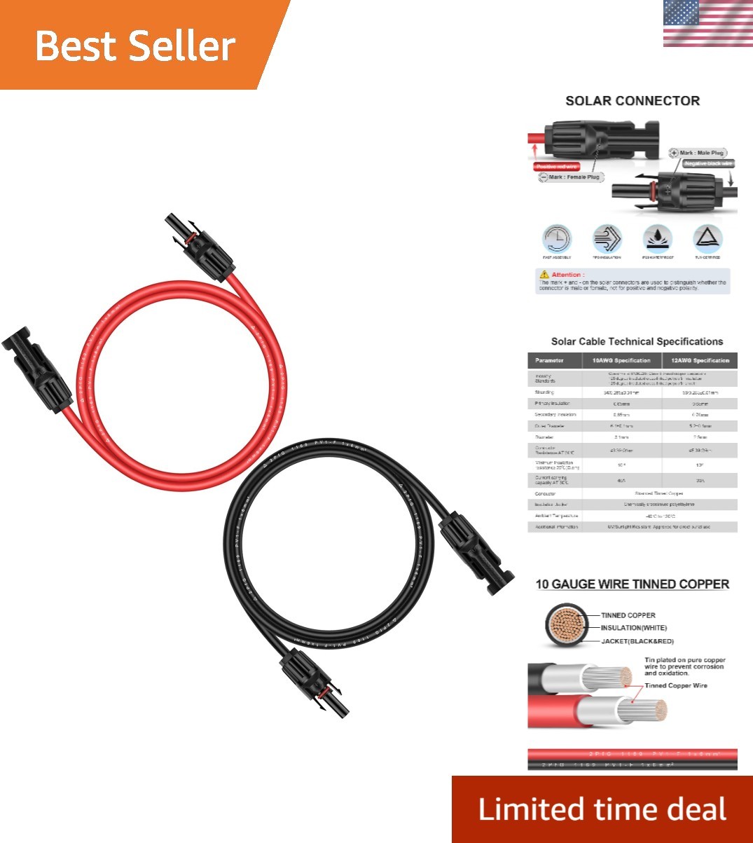 1 Pair 6 Feet Black + 6 Feet Red 10AWG6mm² Solar Panel Extension Cable Wire w…