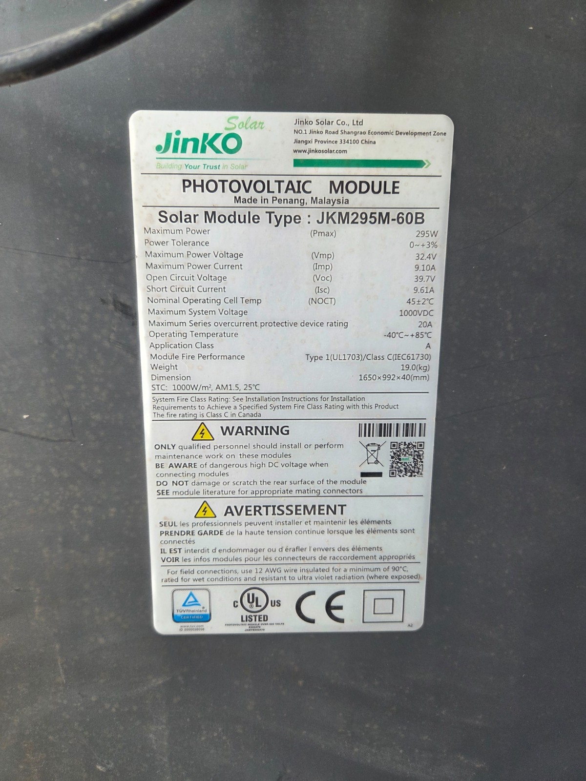 295W JINKO JKM295M-60B Monocrystalline PRE-OWNED solar modules, panels