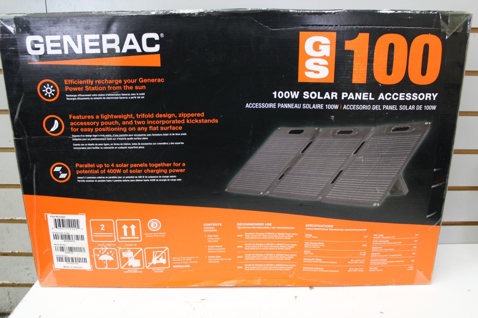 Generac 100 Watt Portable Solar Panel 20.1 Volt Output IP67 Solar Charger Power