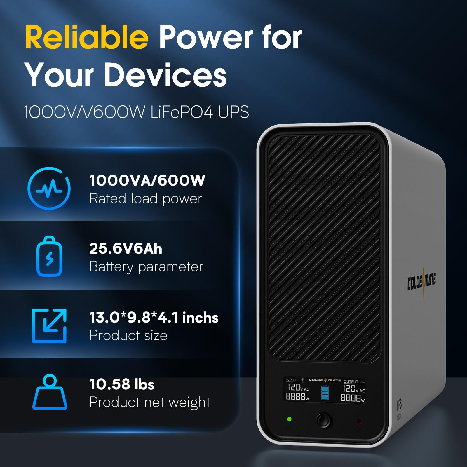 GOLDENMATE 1000VA LiFePO4 UPS 600W Battery Backup Pure Sine Wave White for PC