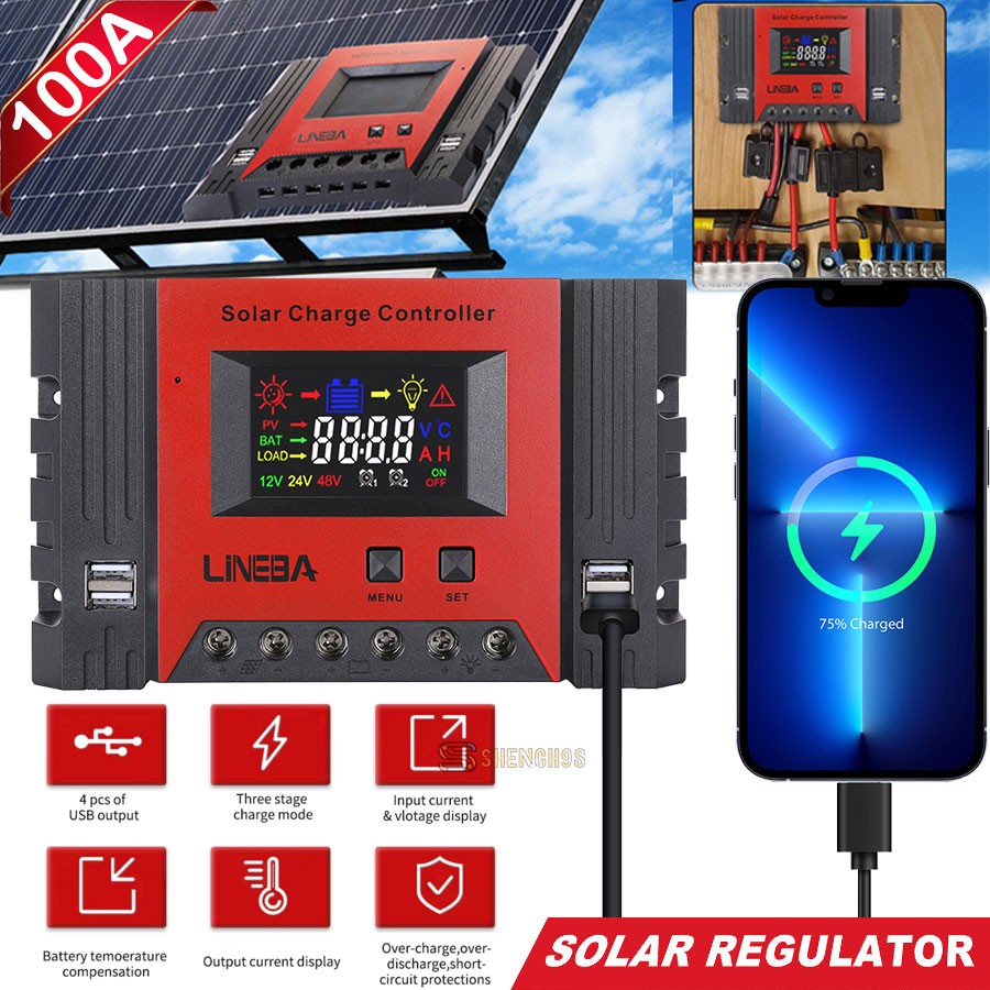 Controlador de carga solar de 100A 12V/24V/48V Pantalla LCD Regulador de panel