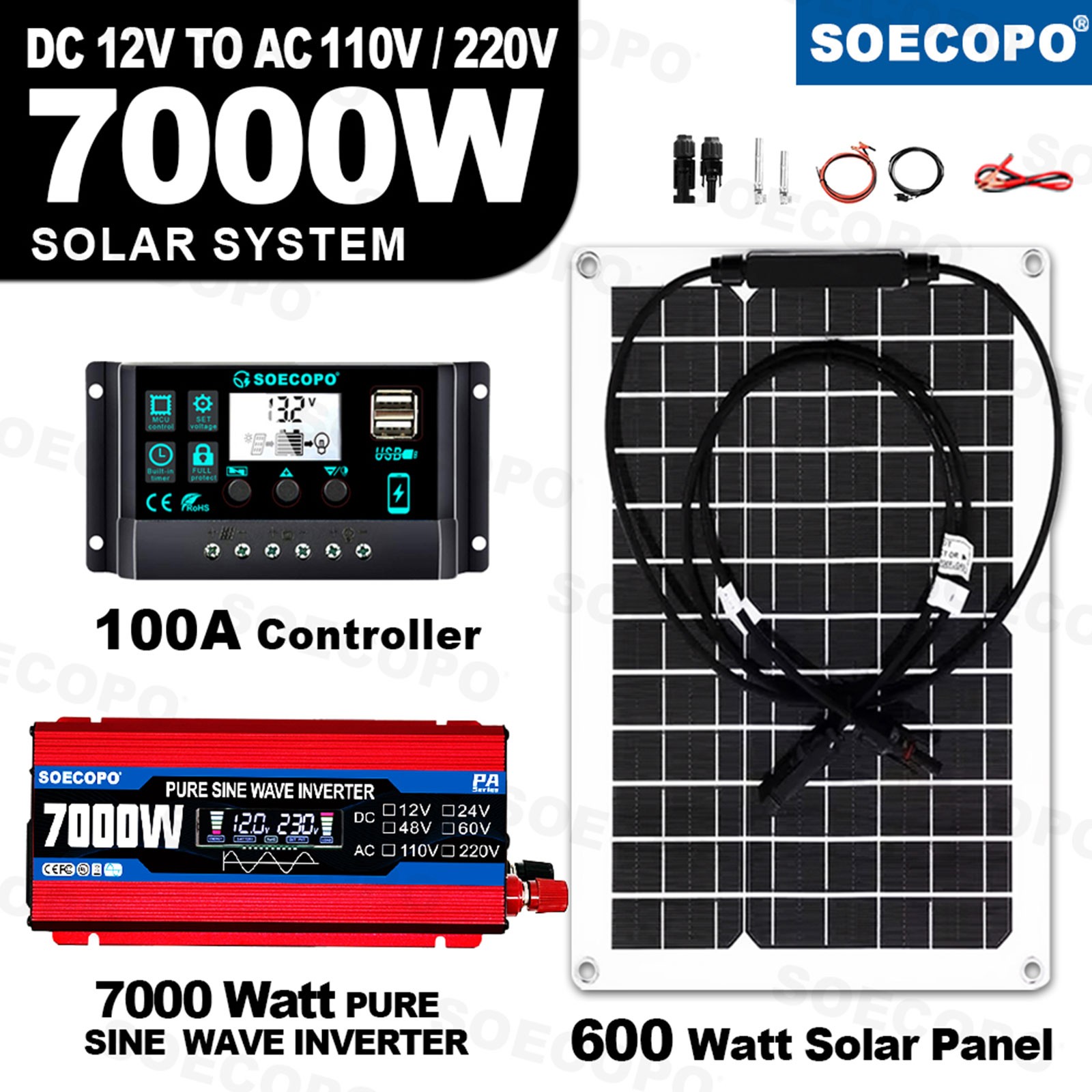 7000W Solar System Kit 12V To 110V/220V Off-Grid Inverter System 100A Controller