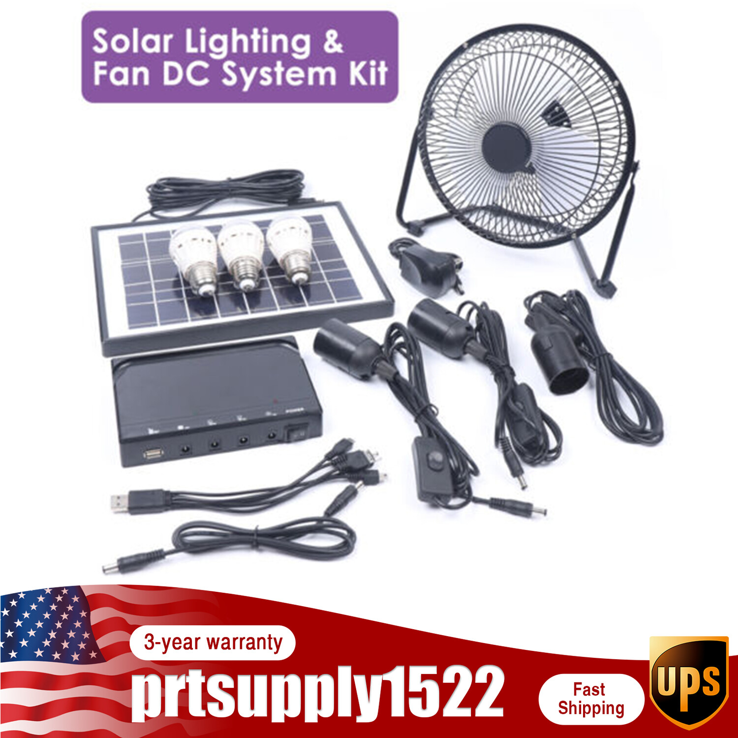 Solar Power Panel Kit Outdoor Camping USB Charging System W/ LED Light & 8″ Fan