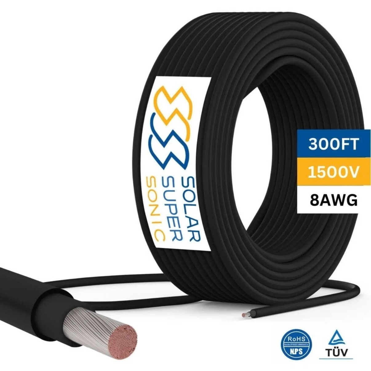 1500V PV Wire – 8 AWG TUV Certified Solar Cable – Black – 300 FT – New / Sealed