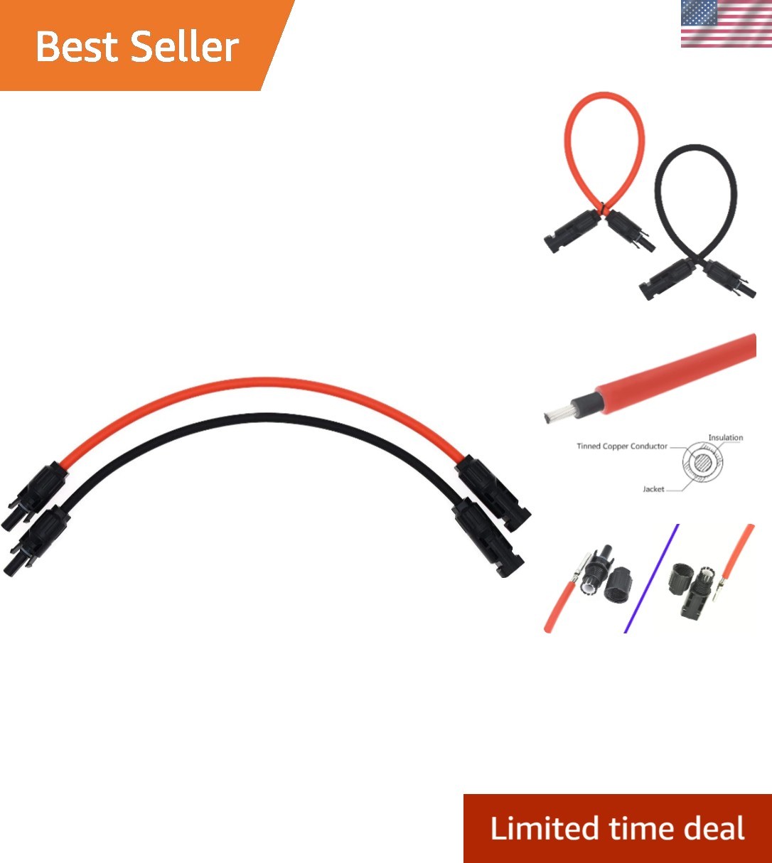 10AWG Solar Extension Cable 1FT, Waterproof PV Connectors with Tinned Copper…