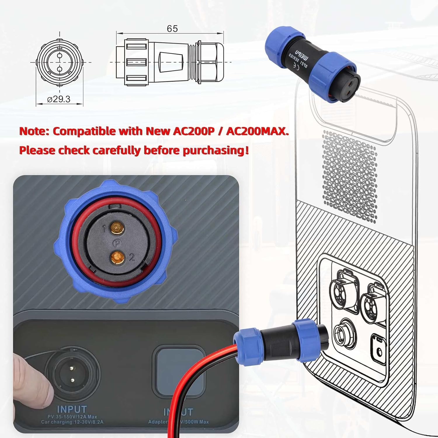 ELFCULB 12AWG Solar to SP21 2-Pin Aviation Cable for Bluetti AC200P AC200MAX