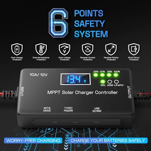 MPPT Solar Charge Controller 12V 10A, Intelligent Solar Panel Regulator with
