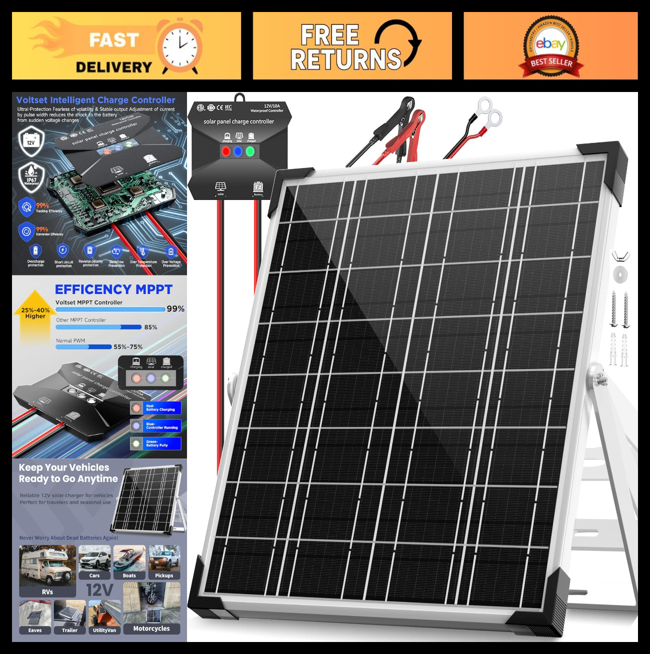 12V Solar Battery Charger Kit – 20W Waterproof Panel with Smart MPPT Controller