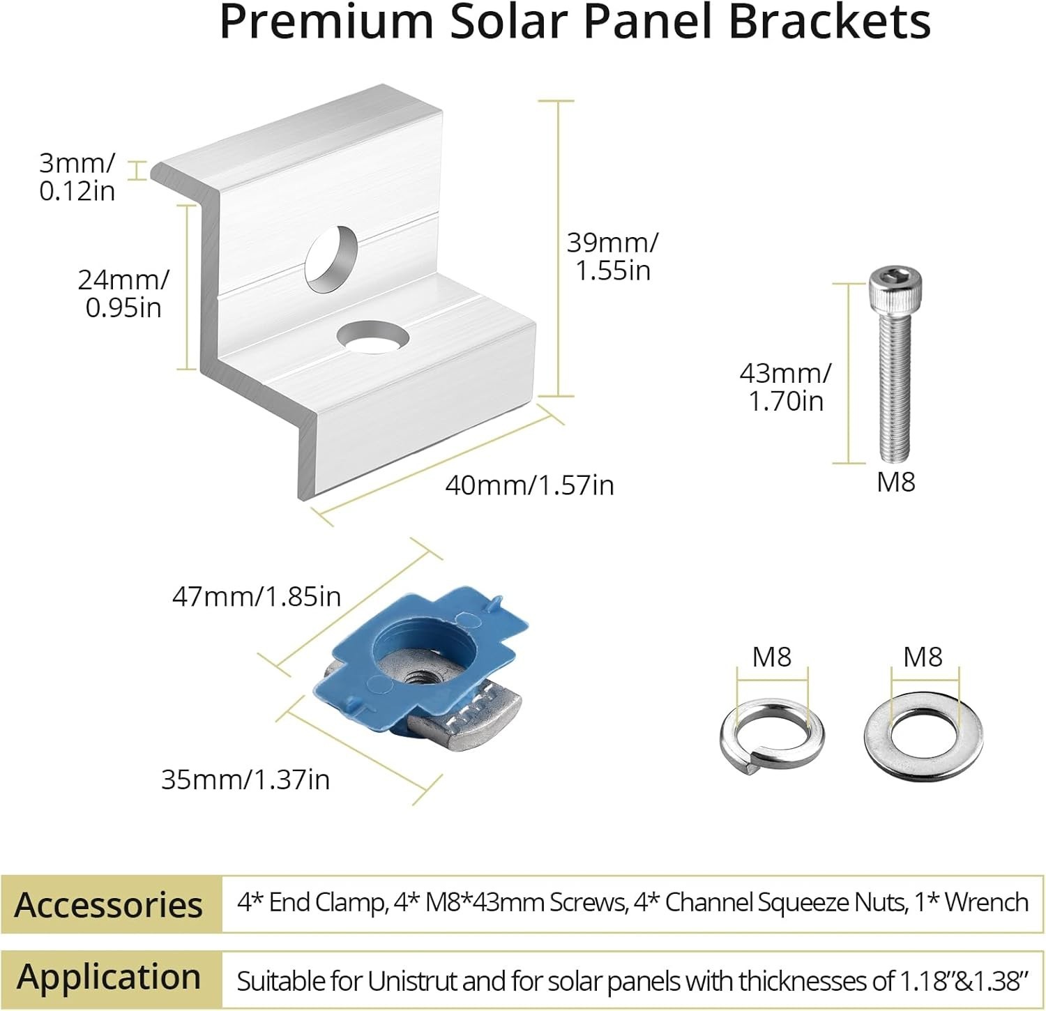 10PCS Solar Panel End Clamps 30/35mm Aluminum Unistrut Mount Kit Roof Silver