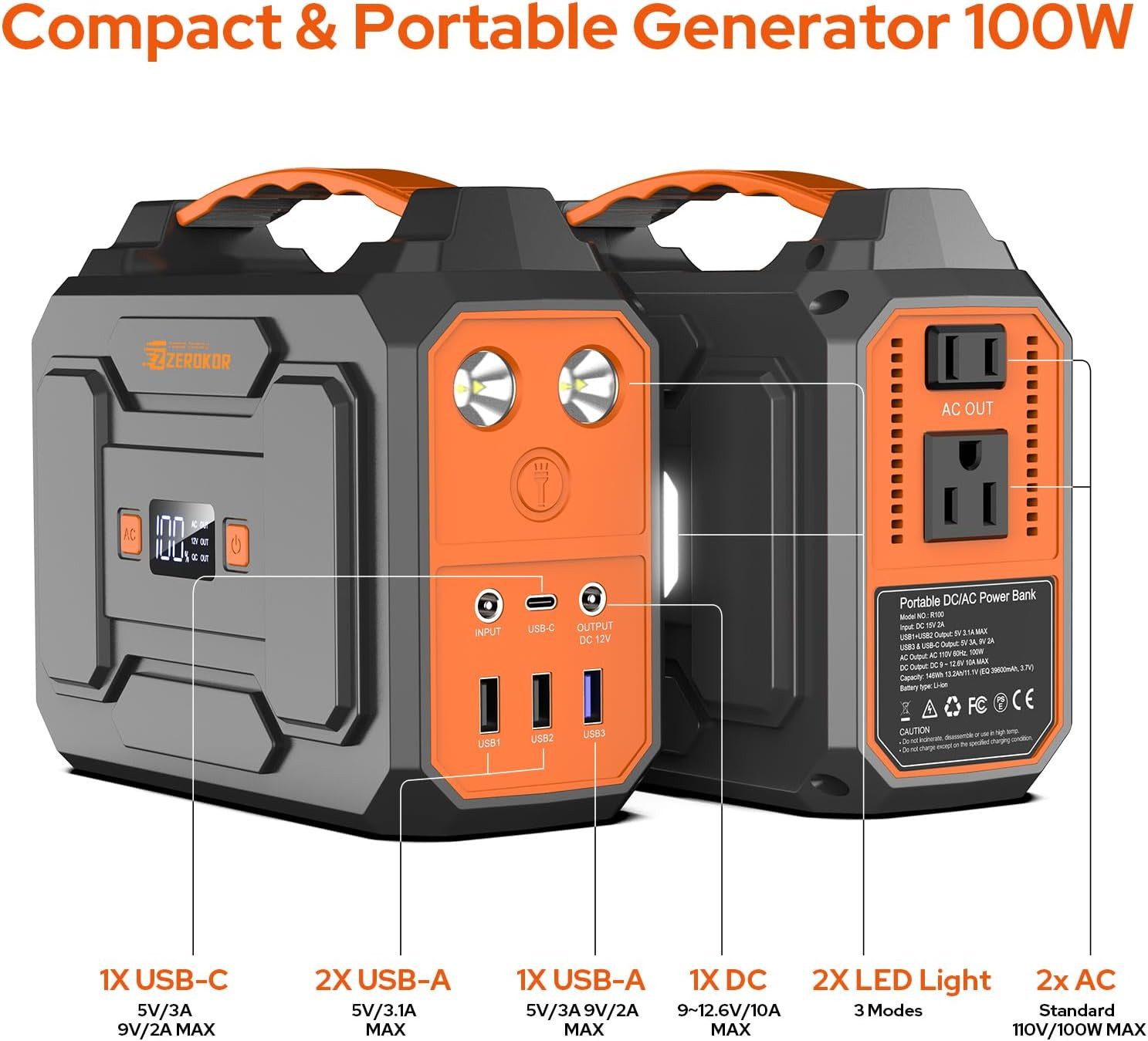 60W Solar Power Station & 300W Generator, 100W Portable Battery for Outdoor Use