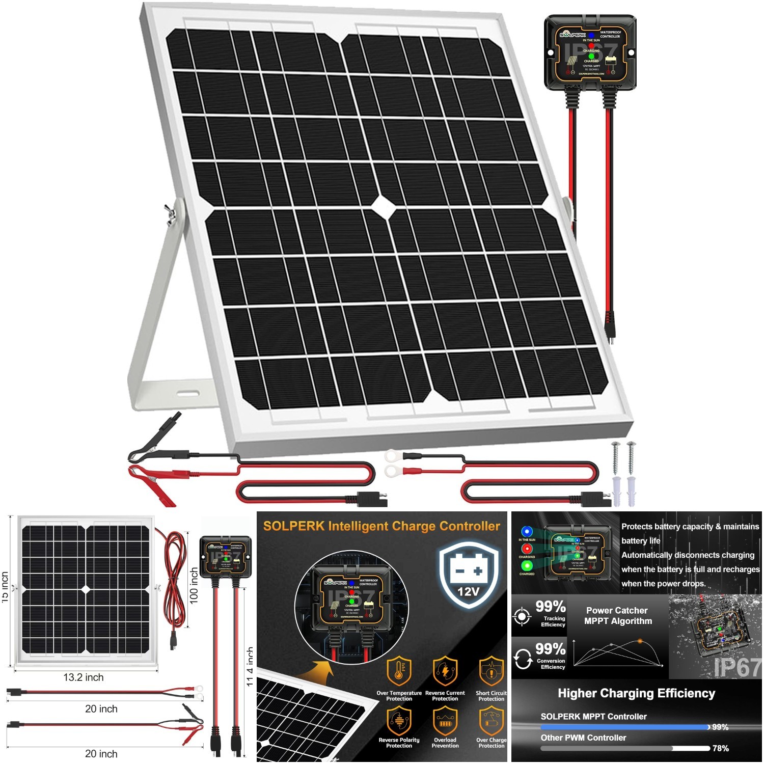 20w 12v Solar Panel Kit Waterproof Battery Charger Smart Mppt Controller