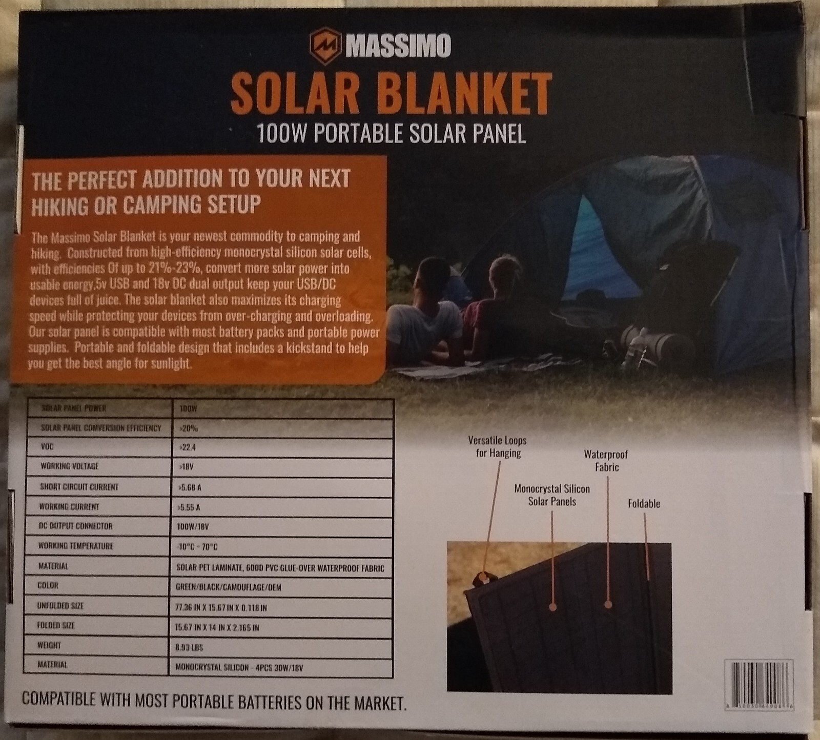 Massimo 100W Portable Solar Blanket Panel Lightweight/Foldable/Waterproof Fabric