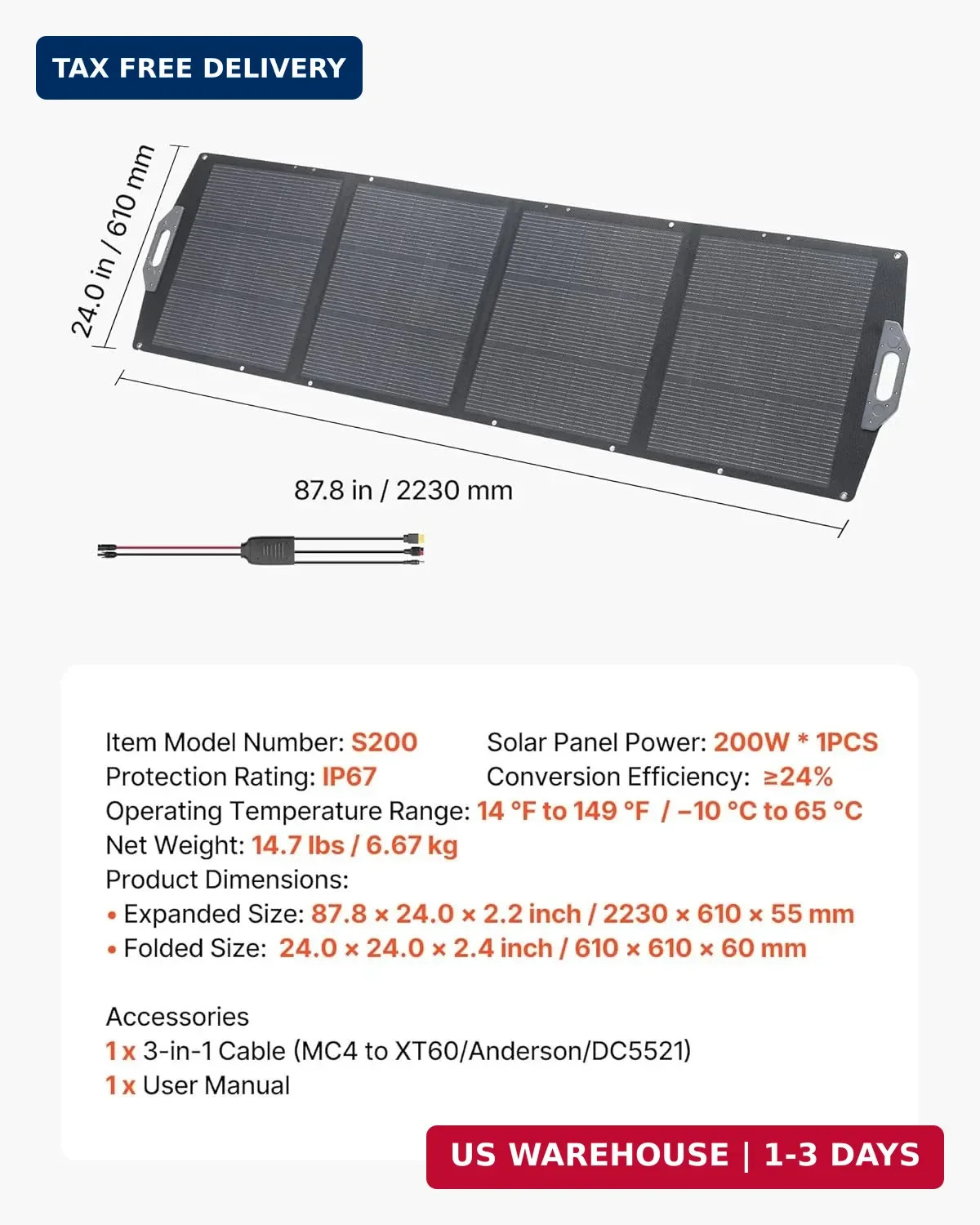 VEVOR 200W Foldable Solar Panel, 24% High-Efficiency Portable Monocrystalline So