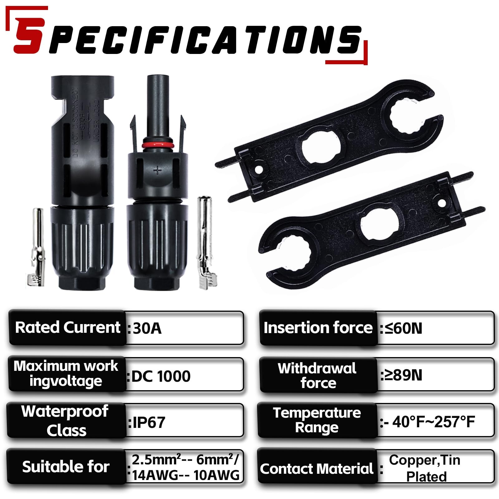 Solar Connectors Male Female PV Panel Cable 30A 1000V IP67 Waterproof 12 Pairs