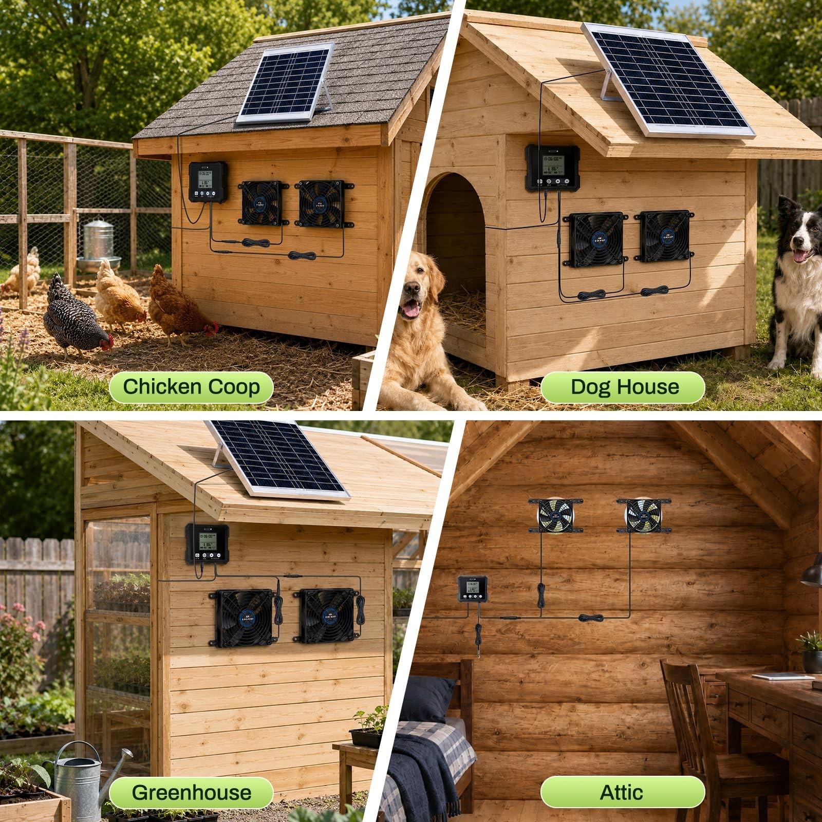 25W Solar Exhaust Fan for Chicken Coop & Greenhouse, Dual Vent, 2500mAh Battery,