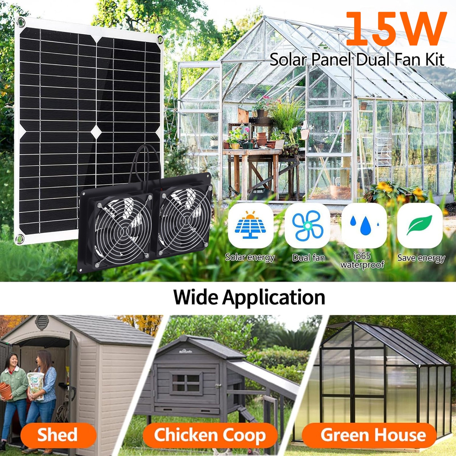 15W Solar Panel Exhaust Fan Double Shutter Ventilation Vent Fan For Pet House