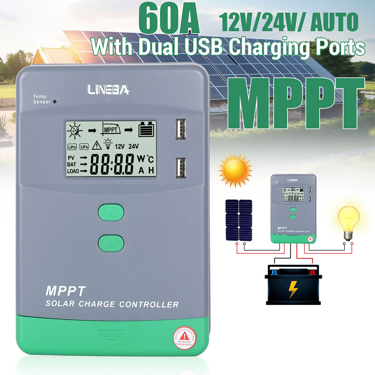30 60 100Amp MPPT Solar Charge Controller 12V/24V/36V/48V DC Input LCD Regulator