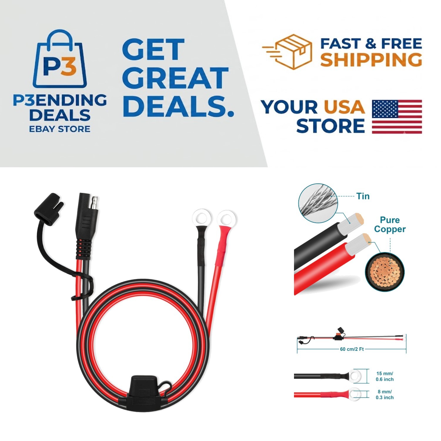 2FT 10AWG Weatherproof SAE Extension Cable – Ideal for RVs and Motorcycles