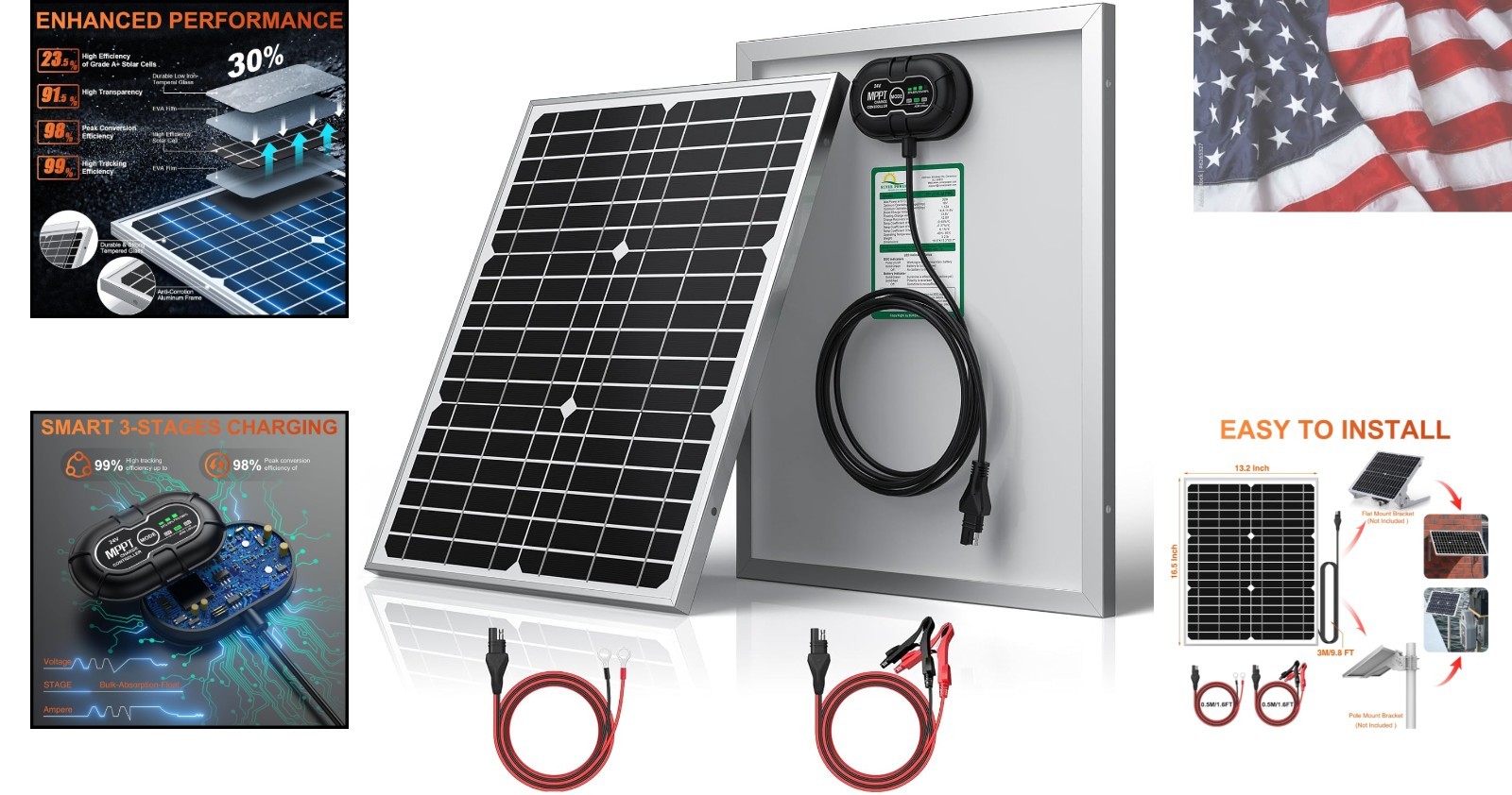 24V 20W Solar Battery Charger Maintainer, Built-in Ultra Smart MPPT Charge Co…