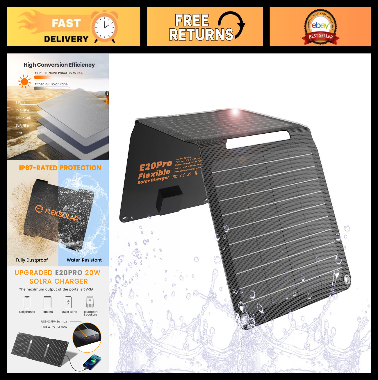 20W Portable Solar Panel Charger – USB-A & USB-C, Waterproof, Foldable for Campi