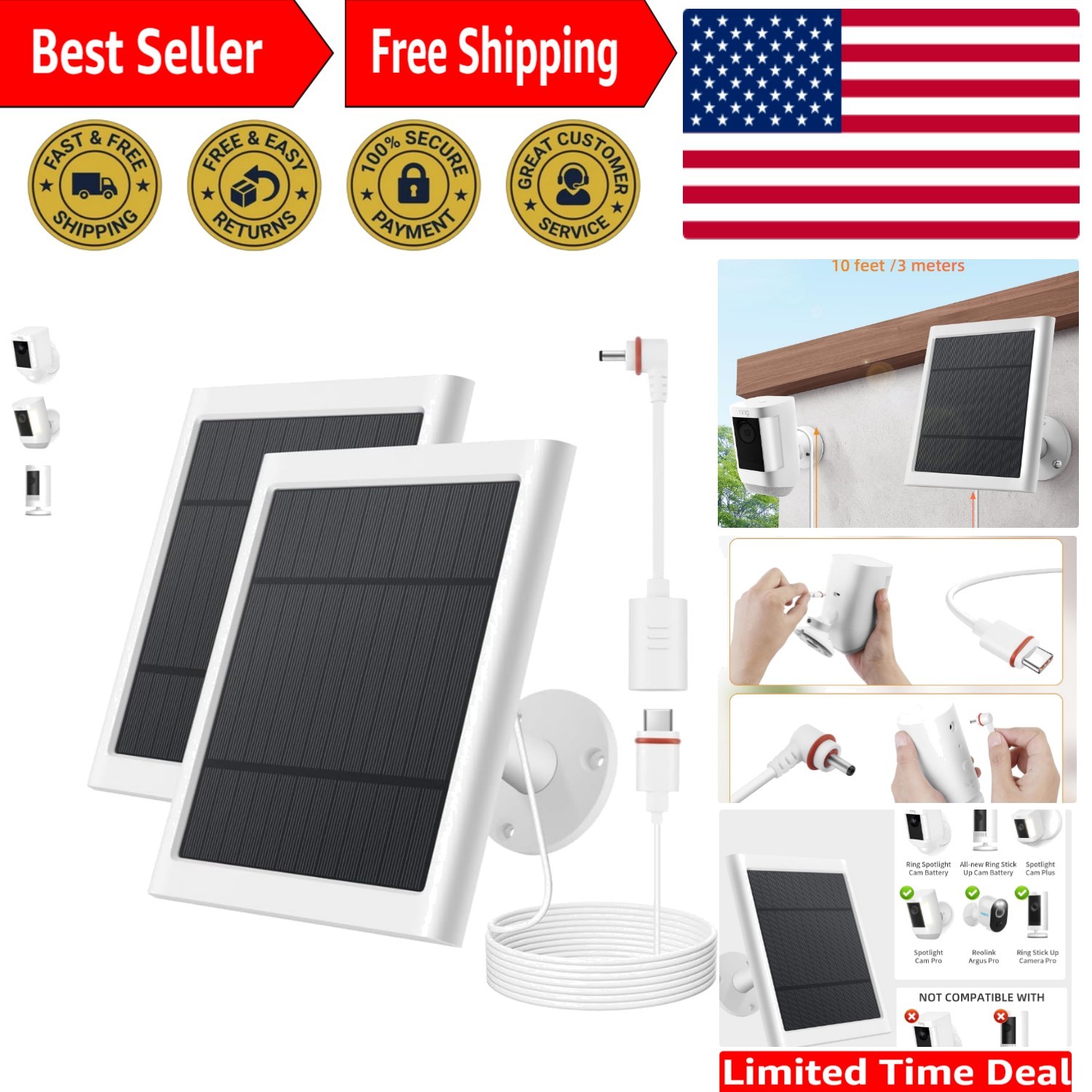 2 Pack 4W Waterproof Solar Chargers for Ring Cameras – Easy Install & 10ft Cable