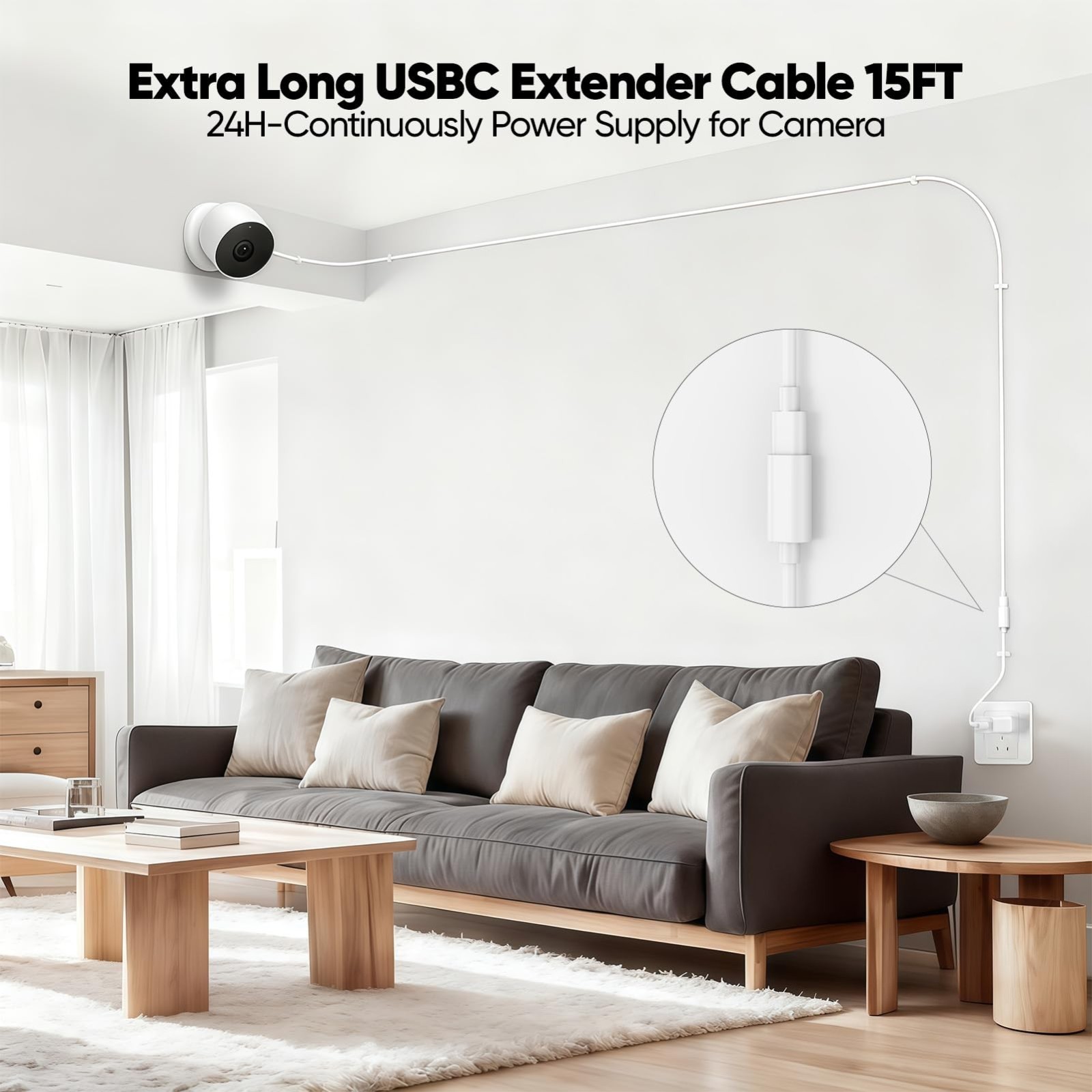 15FT USB-C Extension Cable – Waterproof Male to Female Charger for Solar Panels,