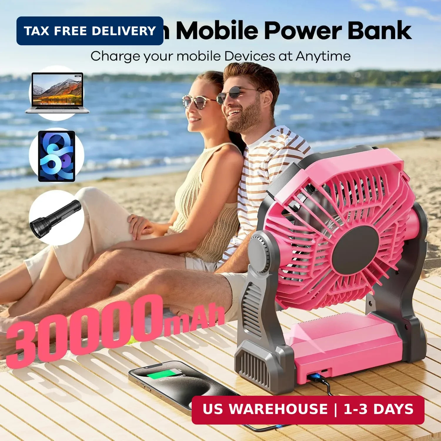 30000mAh Solar Fan with LED Lantern, 10W Solar Panel Rechargeable Battery Powere