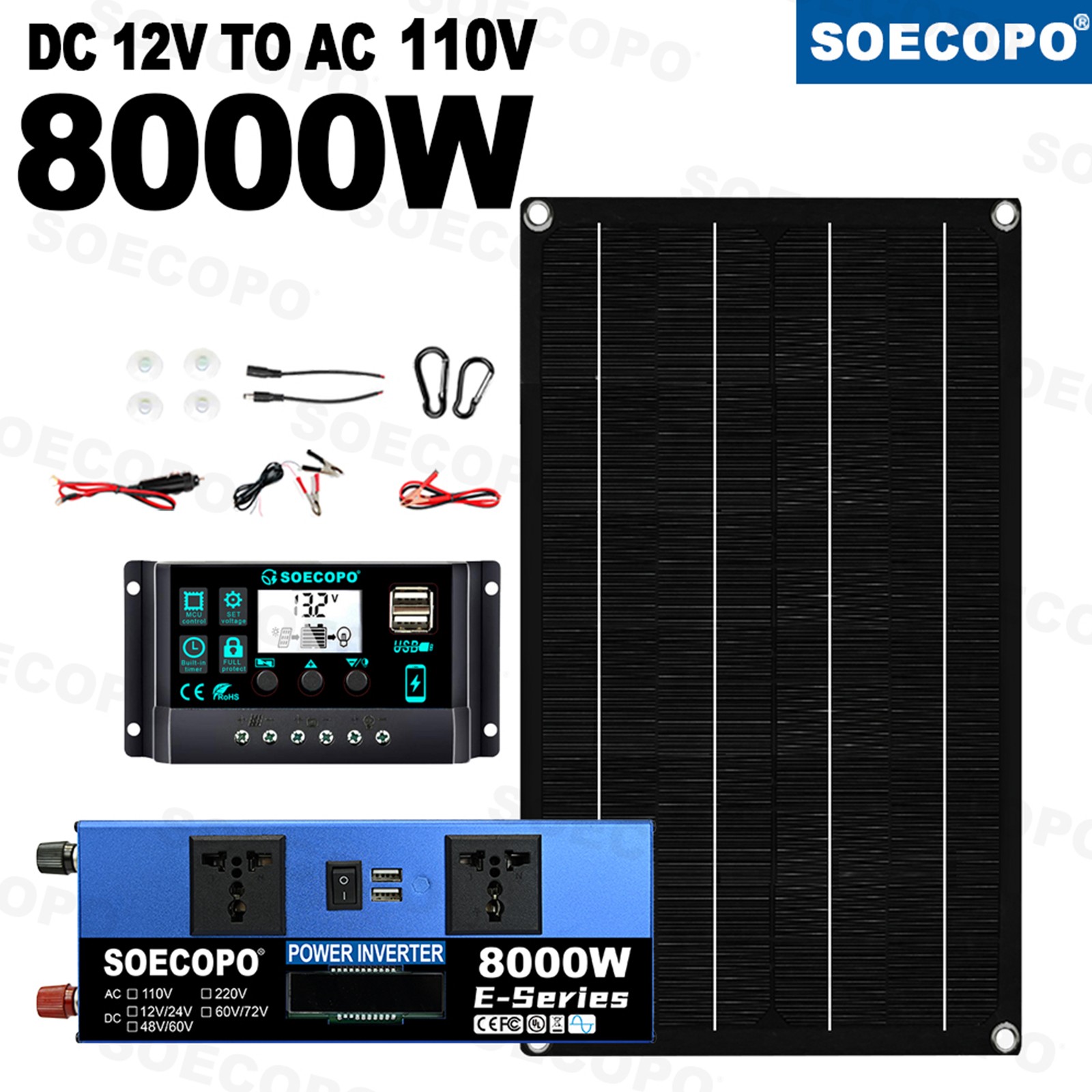 8000W Solar System 800W Panel 100A Controller 12V/24V-110V/220V Inverter