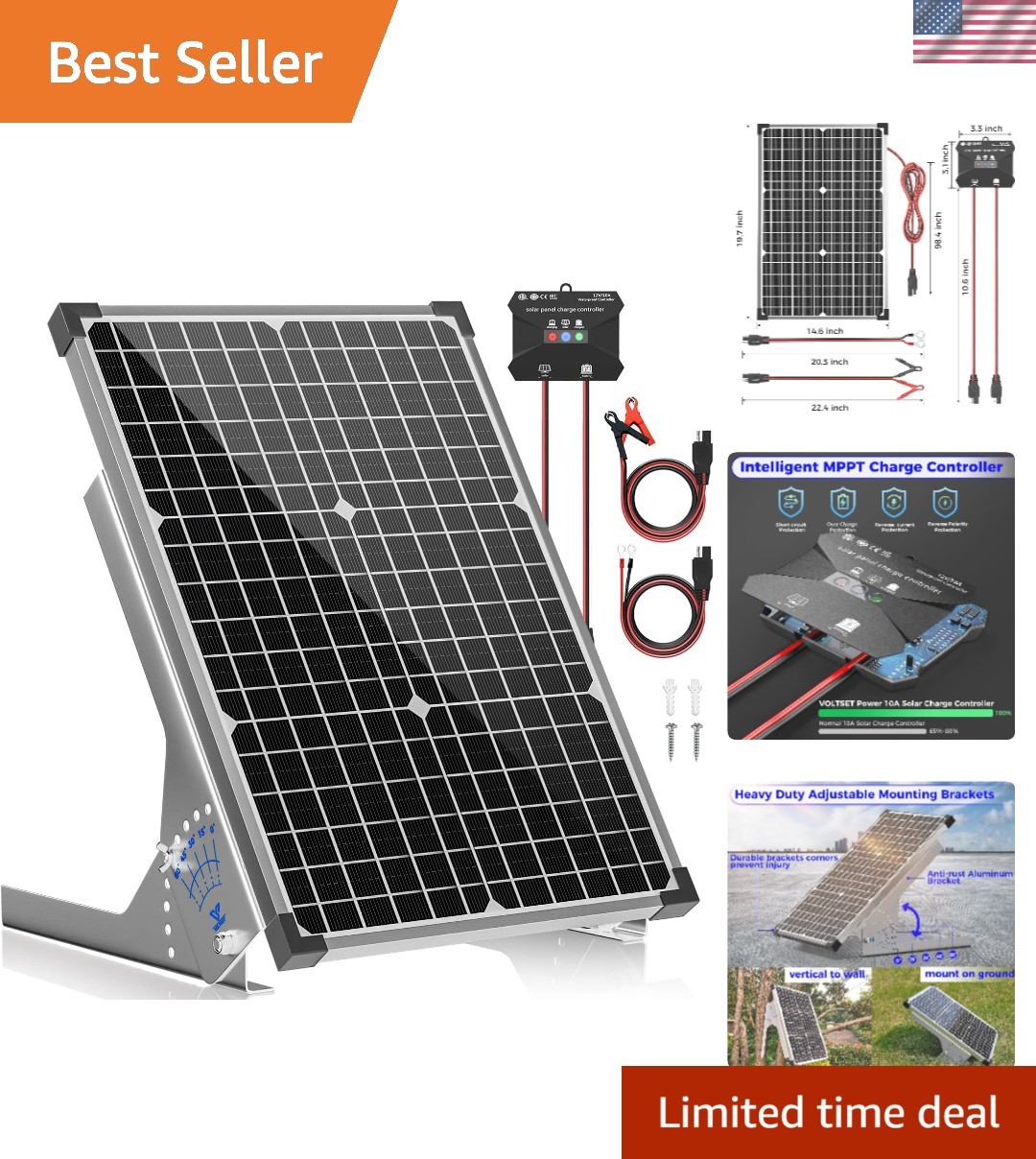 Versatile 30W Solar Panel Kit with Adjustable Bracket & LED Monitoring Lights