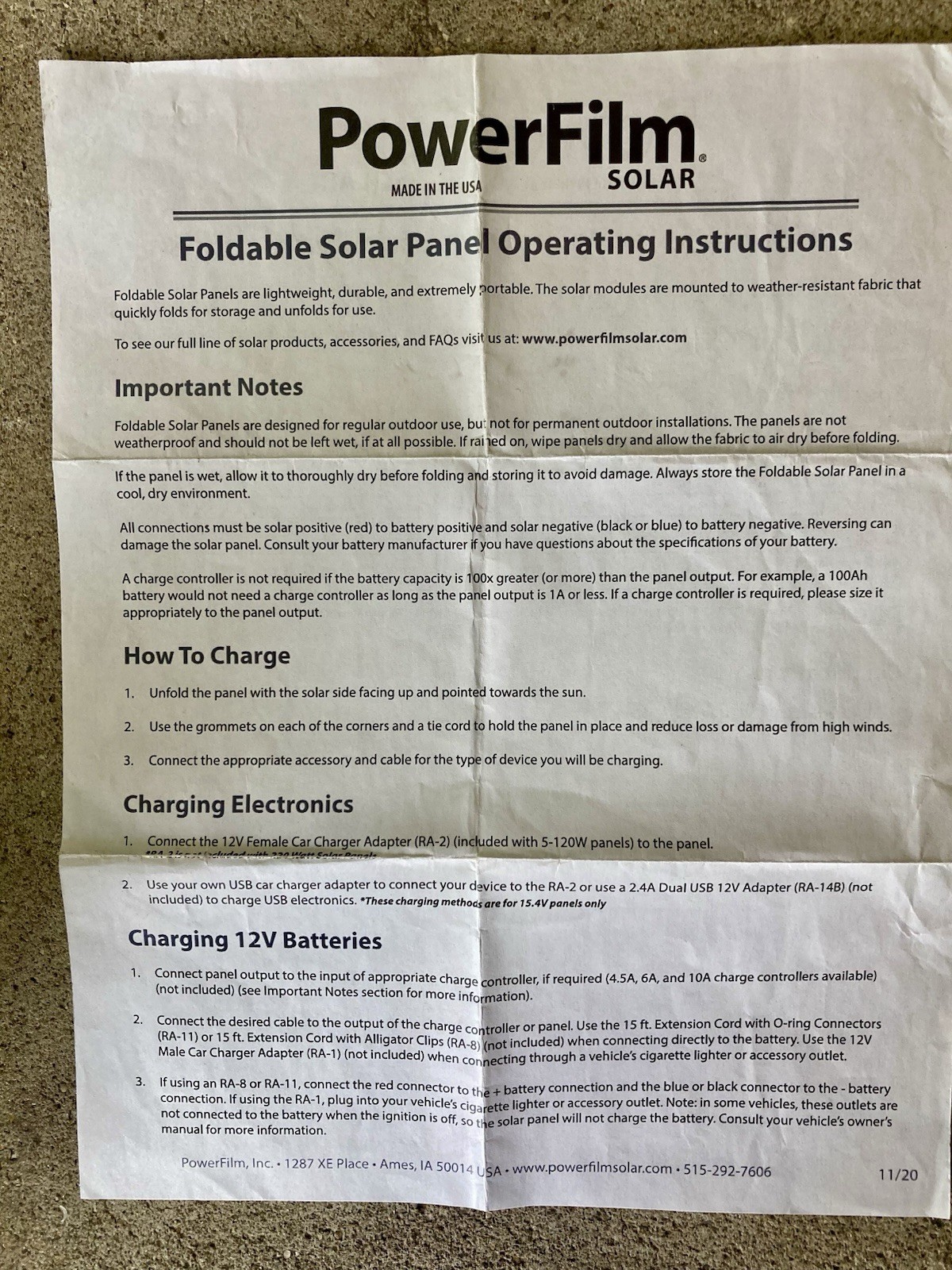 NEW “PowerFilm Solar” 60 WATT F16-3600 Foldable Solar Panel w/ Adapter & Paper