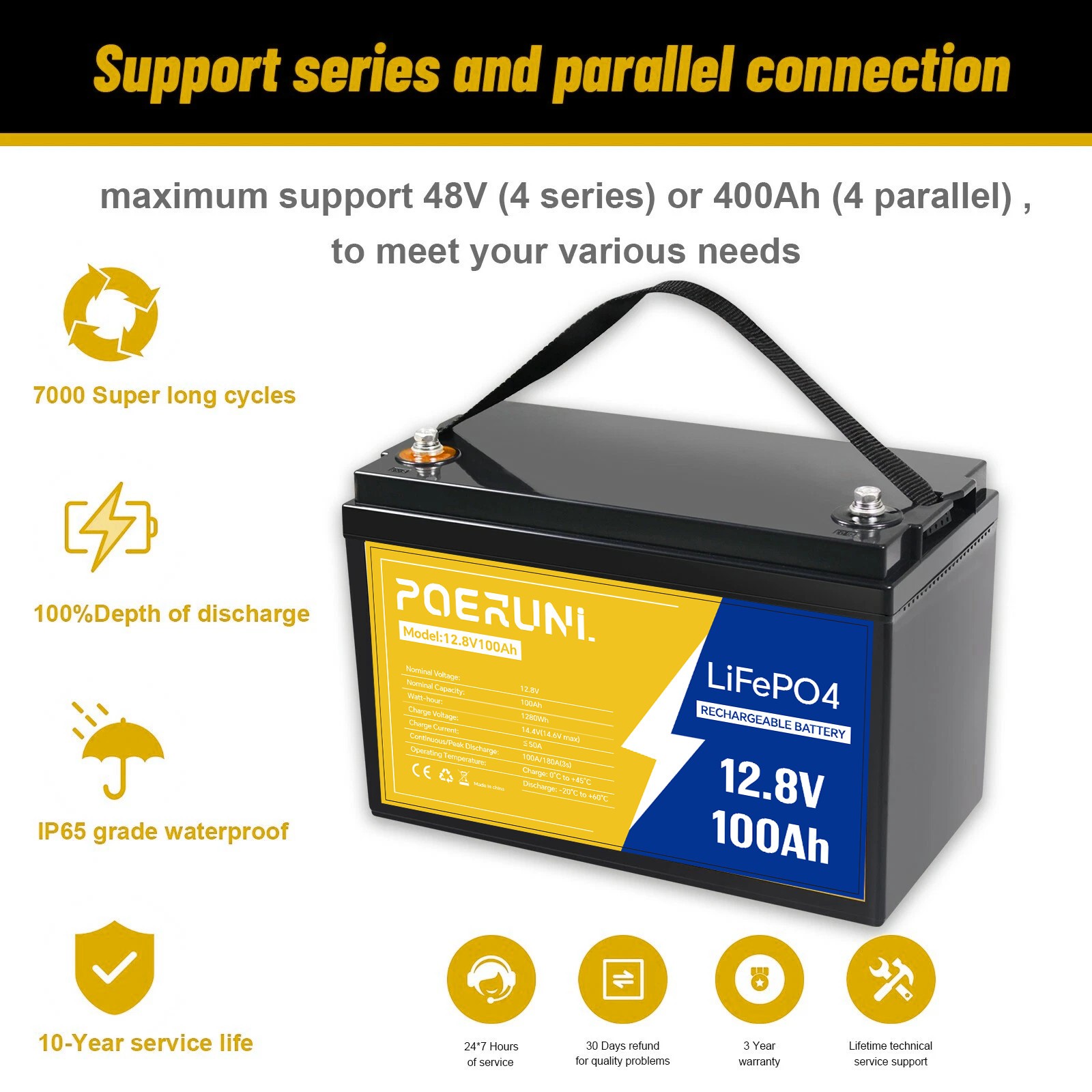 POERUNI 100Ah 12V LiFePO4 Battery BMS for RV/Marine/Off-Grid 2 Sizes Available