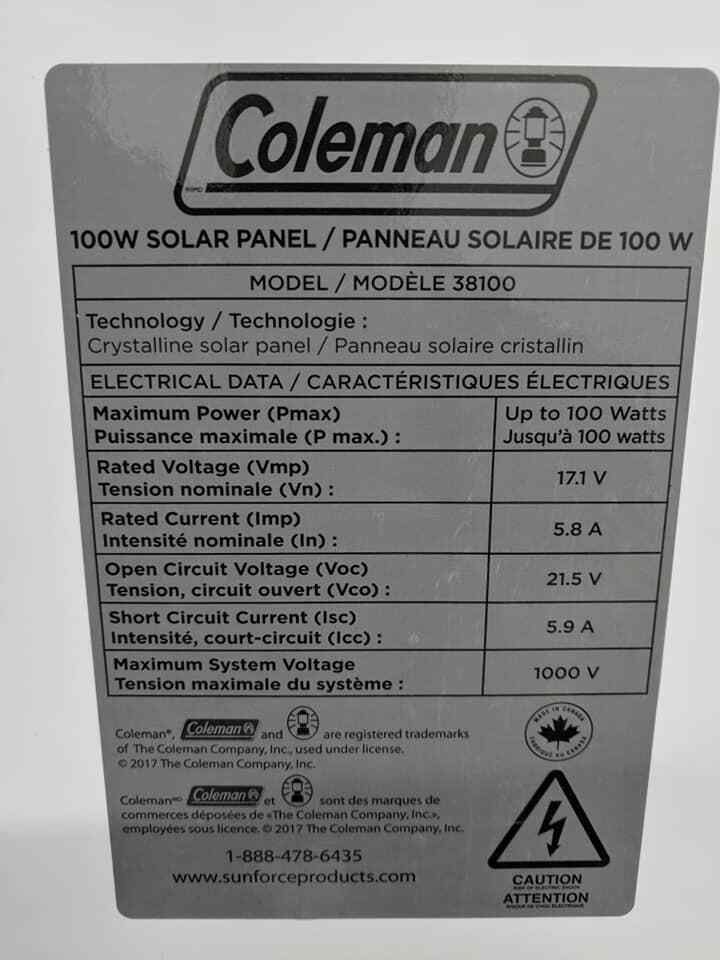 Coleman 100 Watt 12 Volt Solar Panel Crystalline Battery Charger Free Shipping