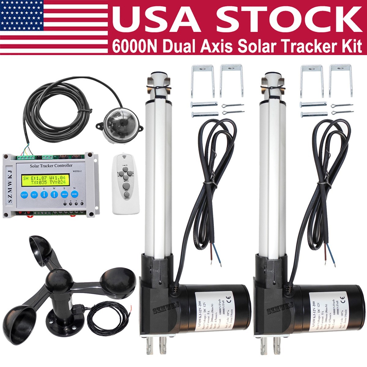 12V Dual Axis Solar Tracking Tracker W/ 6000N 2X8″ Linear Actuator W/ Anemometer